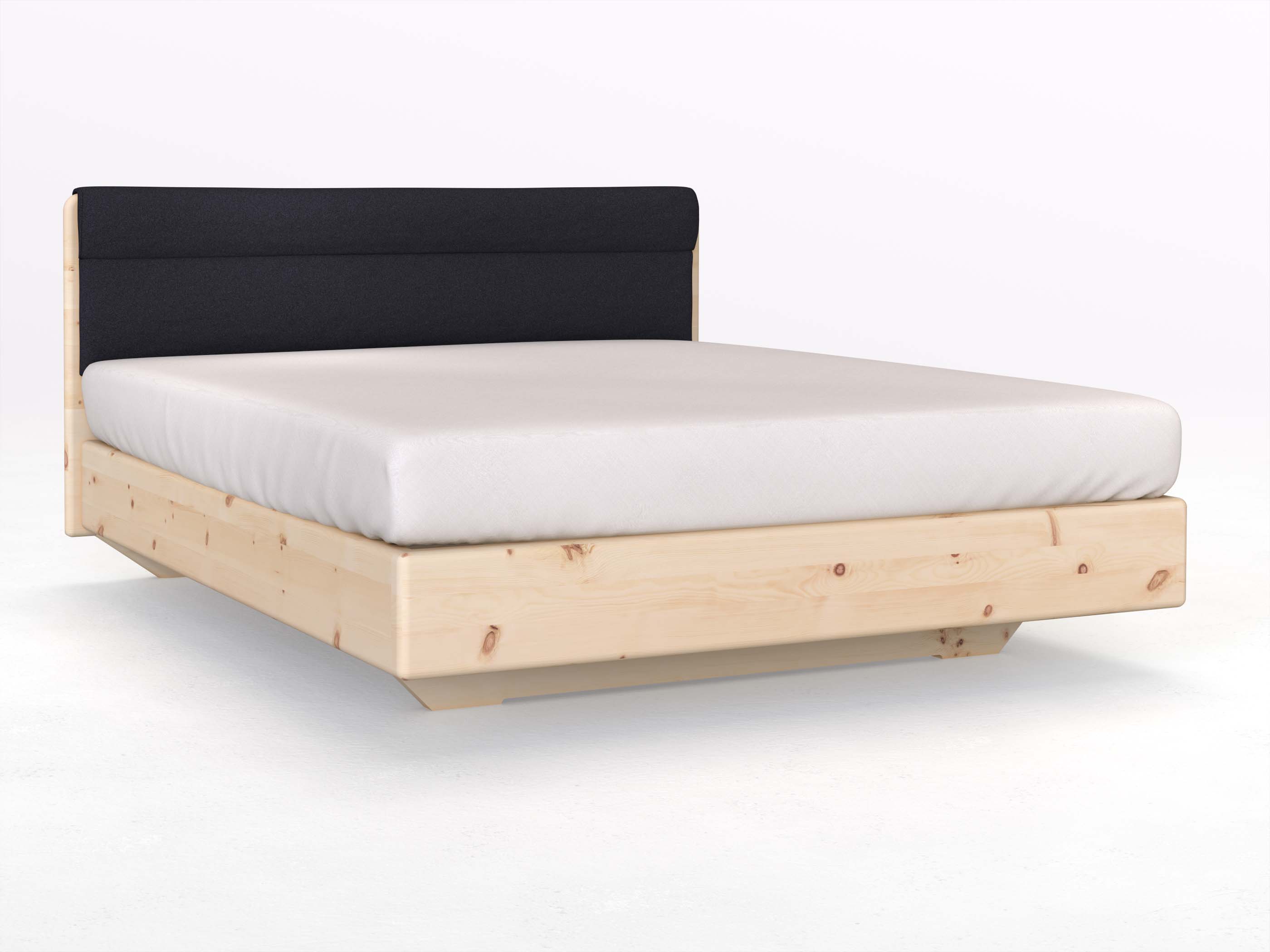 Zirbenbett „Valentina“ Boxspring in 180 x 200 cm mit geradem Kopfteil, mit Stoffkopfteil - Stoff: Schafschurwolle „Loden“ in der Farbe Nachtblau