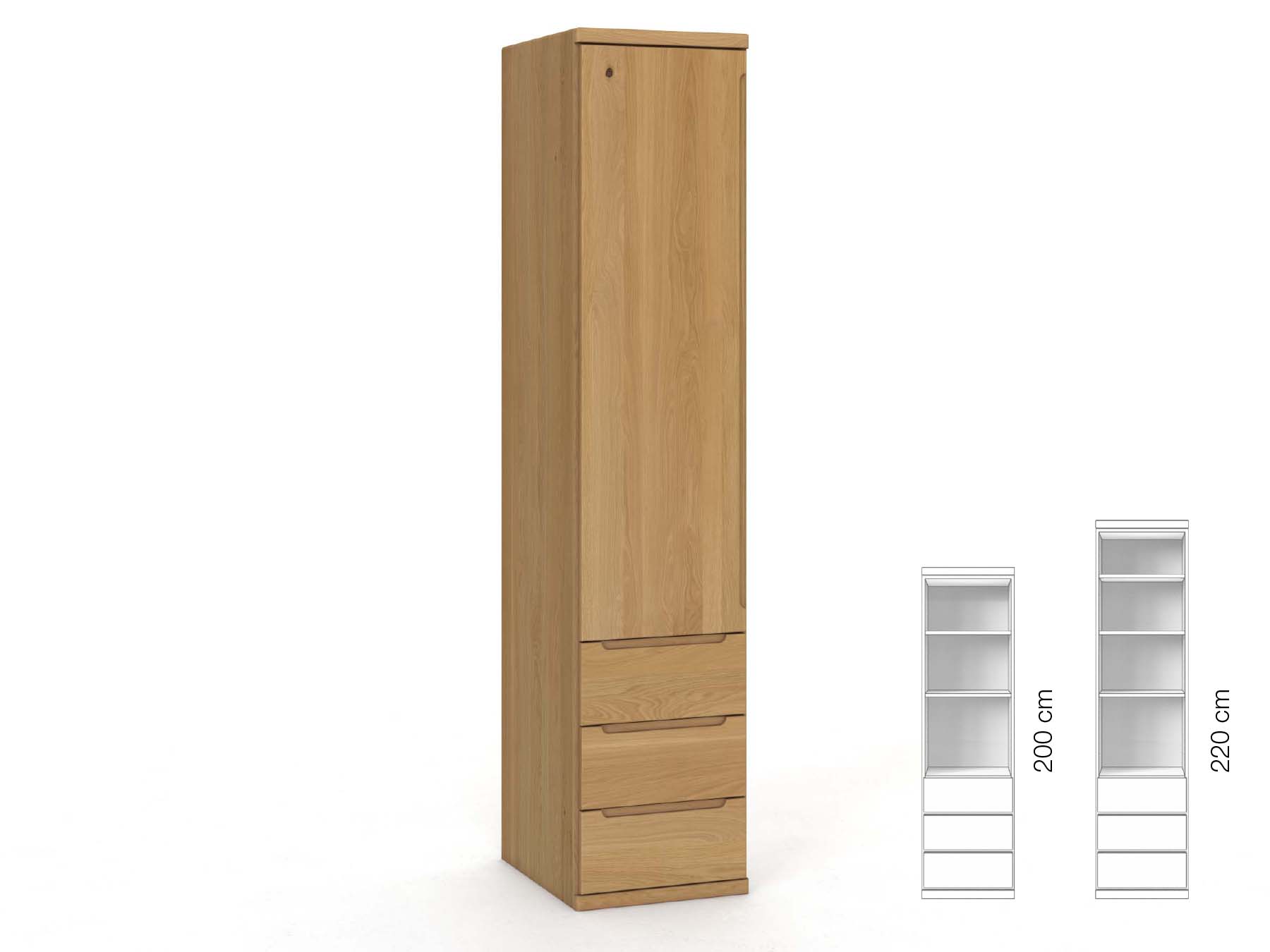 Eichenschrank Hell „Valentin“, 1-türig, Höhe 220 cm, Griffausführung „Lukas“, Inneneinrichtung: D, Türanschlag links