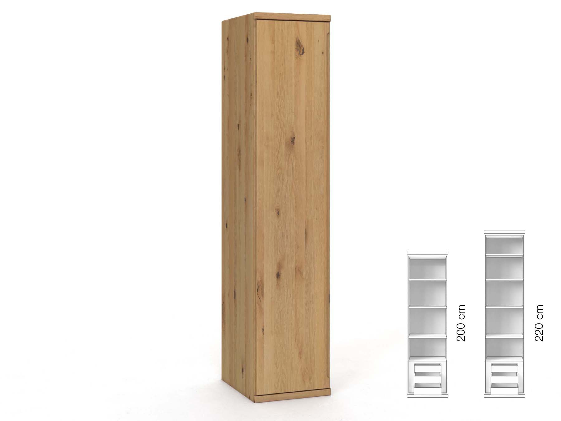 Wildeichenschrank Hell „Valentin“, 1-türig, Höhe 220 cm, Griffausführung „Lukas“, Inneneinrichtung: C, Türanschlag links