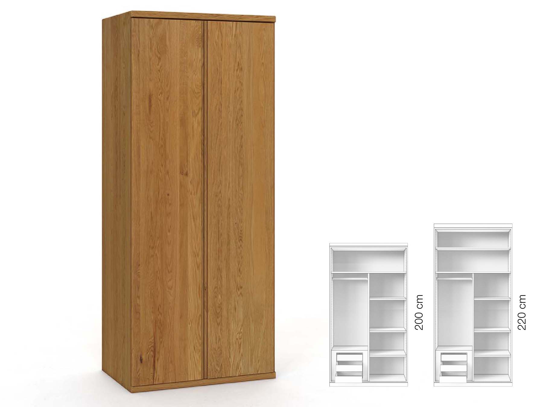 Eichenschrank „Valentin“, 2-türig, Höhe 220 cm, Griffausführung „Patrizia“, Inneneinrichtung: C