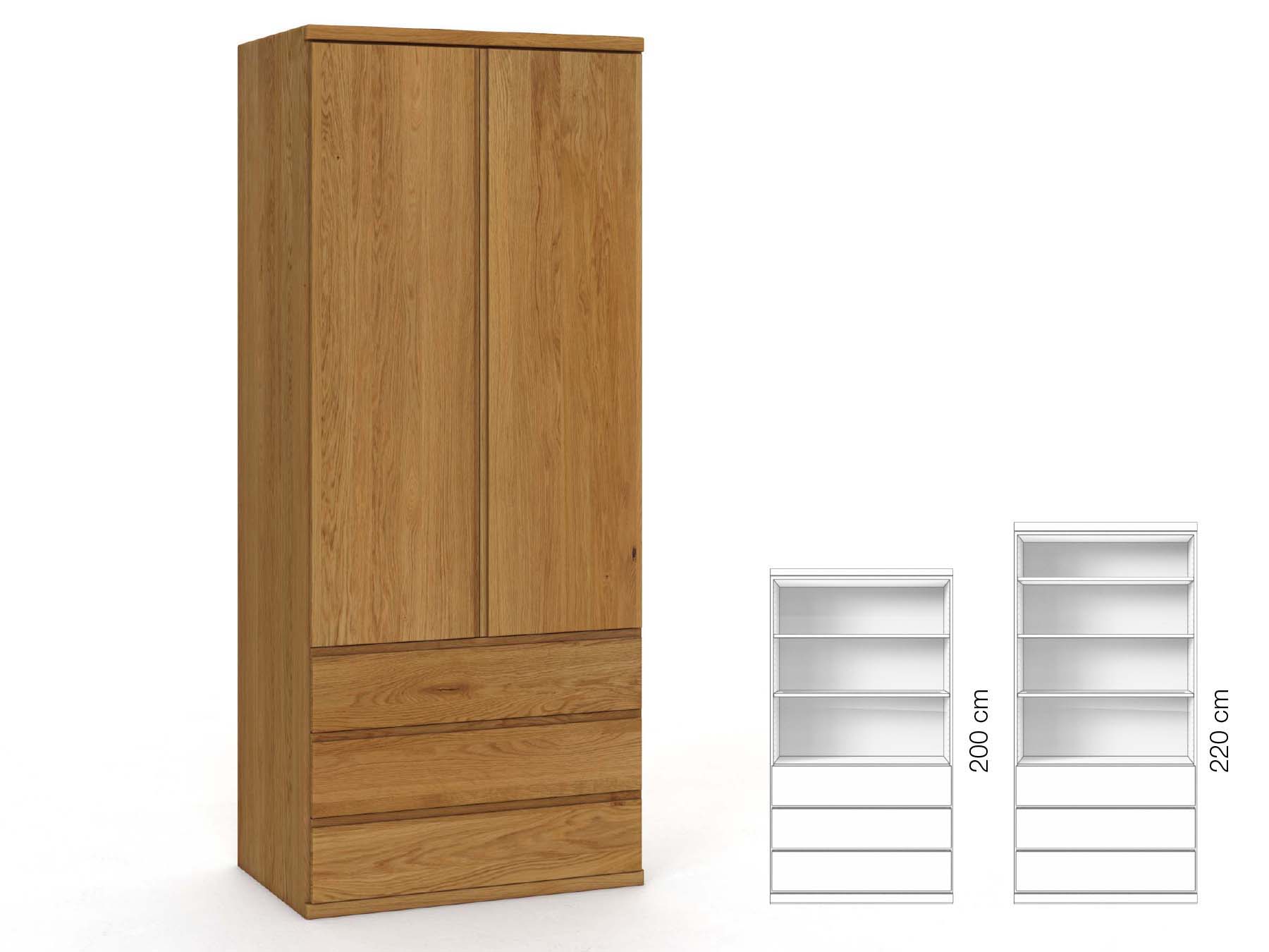 Eichenschrank „Valentin“, 2-türig, Höhe 220 cm, Griffausführung „Patrizia“, Inneneinrichtung: E