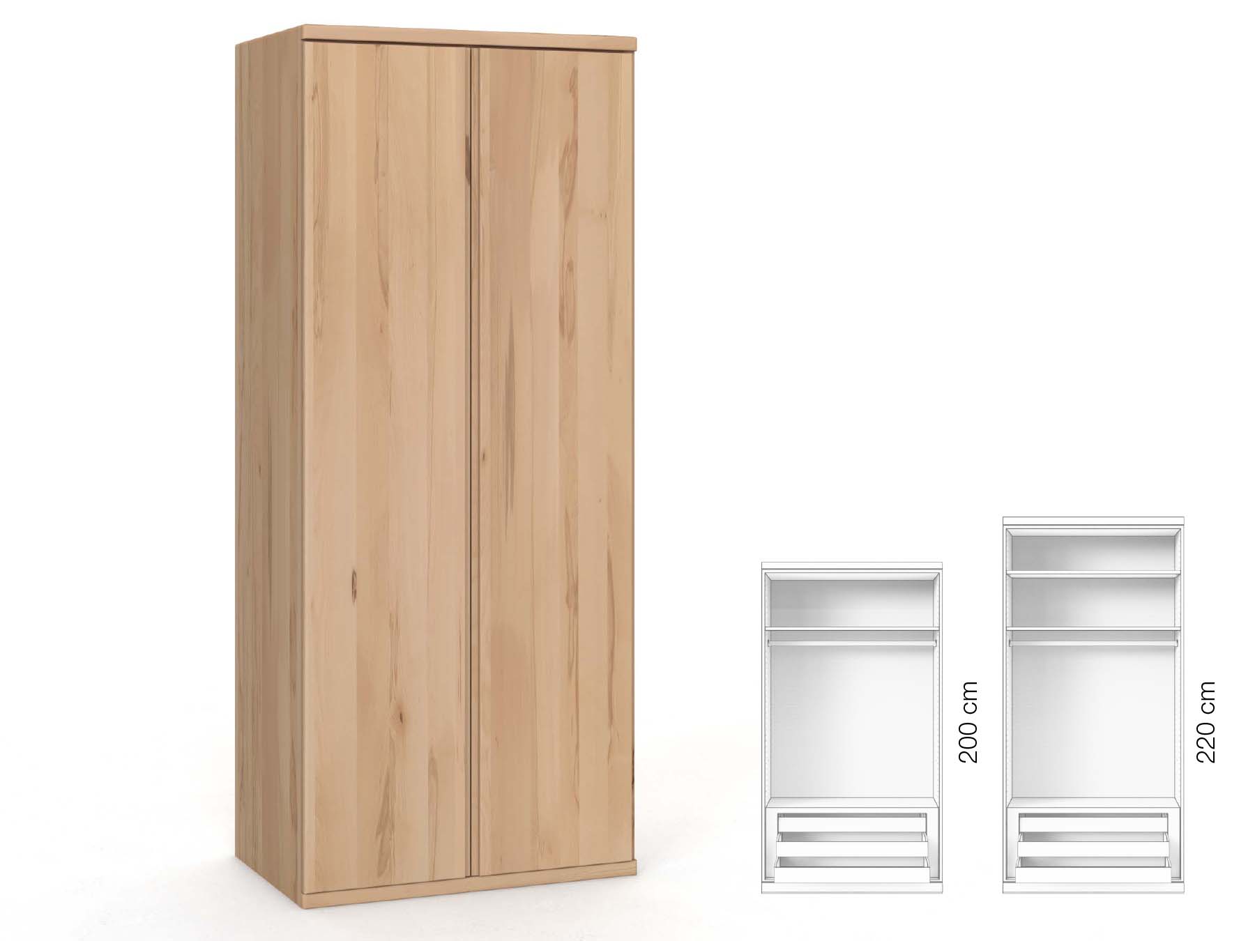 Buchenschrank „Valentin“, 2-türig, Höhe 220 cm, Griffausführung „Patrizia“, Inneneinrichtung: D