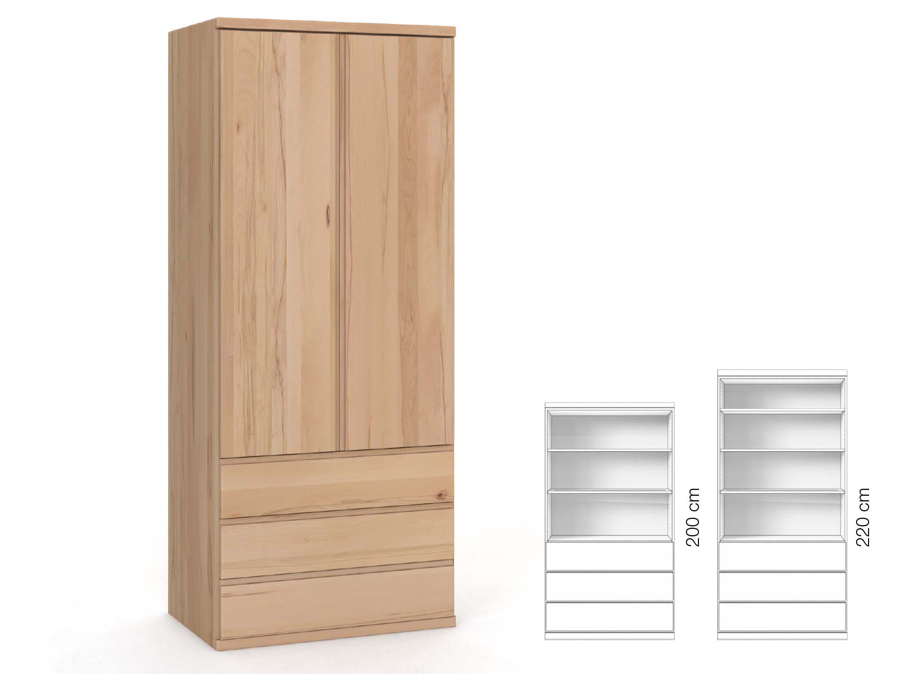 Buchenschrank „Valentin“, 2-türig, Höhe 220 cm, Griffausführung „Patrizia“, Inneneinrichtung: E