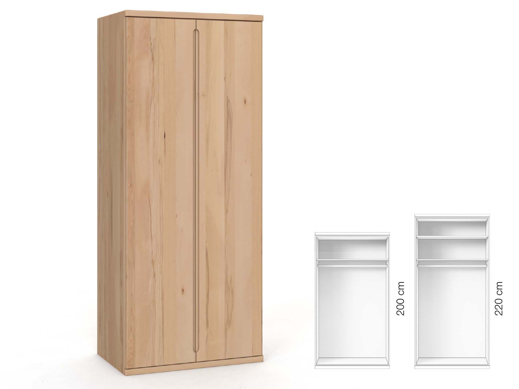 Buchenschrank „Valentin“, 2-türig, Höhe 220 cm, Griffausführung „Lukas“, Inneneinrichtung: A 
