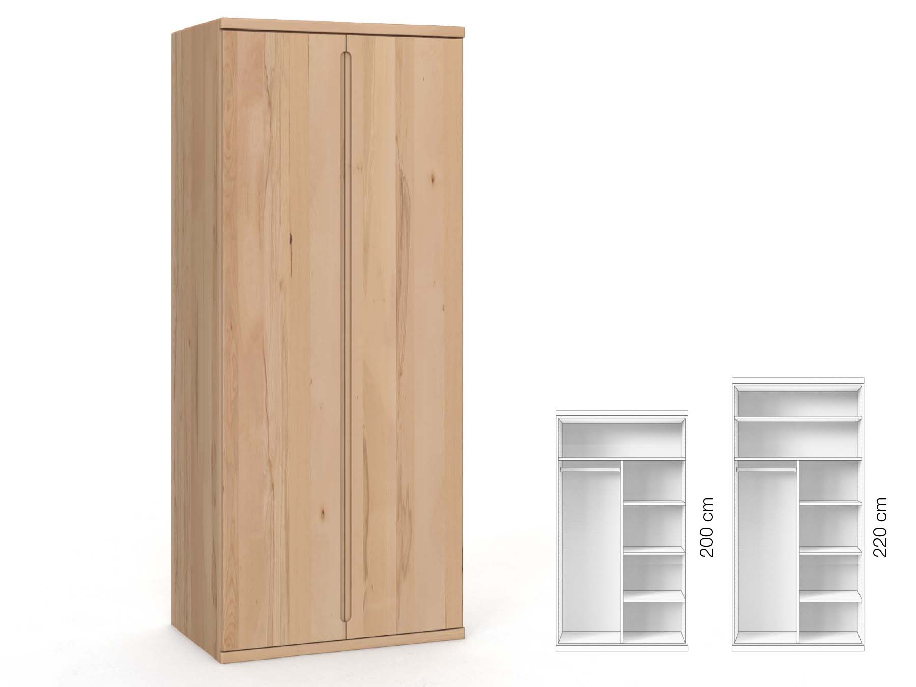 Buchenschrank „Valentin“, 2-türig, Höhe 220 cm, Griffausführung „Lukas“, Inneneinrichtung: B