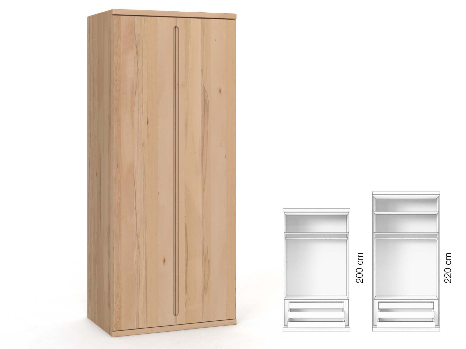 Buchenschrank „Valentin“, 2-türig, Höhe 220 cm, Griffausführung „Lukas“, Inneneinrichtung: D