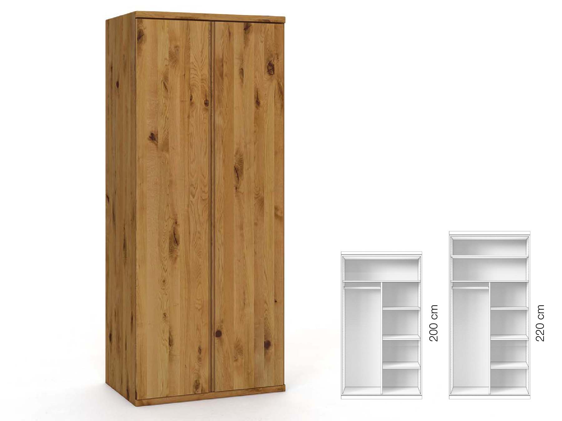 Wildeichenschrank „Valentin“, 2-türig, Höhe 220 cm, Griffausführung „Patrizia“, Inneneinrichtung: B
