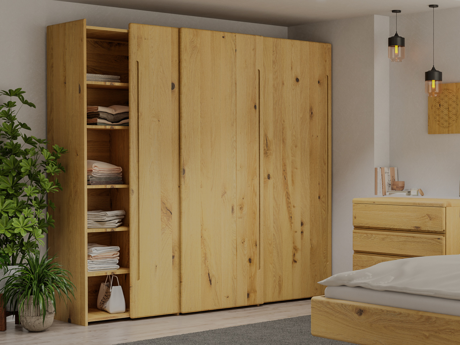 Wildeichenschrank Hell „Viktor", 3-türig, Höhe 220 cm mit Griff C