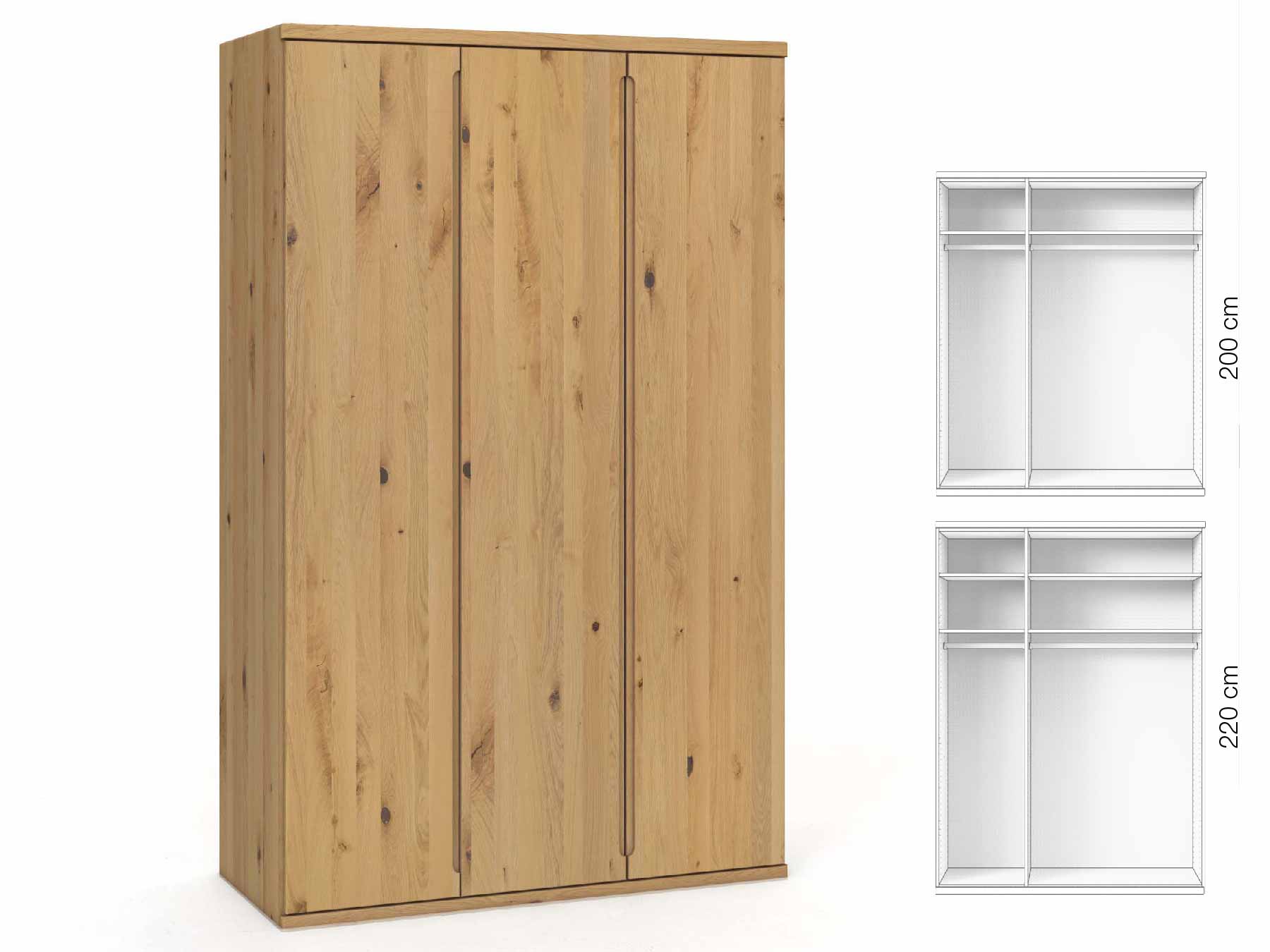 Wildeichenschrank Hell „Valentin“, 3-türig, Höhe 220 cm, Griffausführung „Lukas“, Inneneinrichtung: A