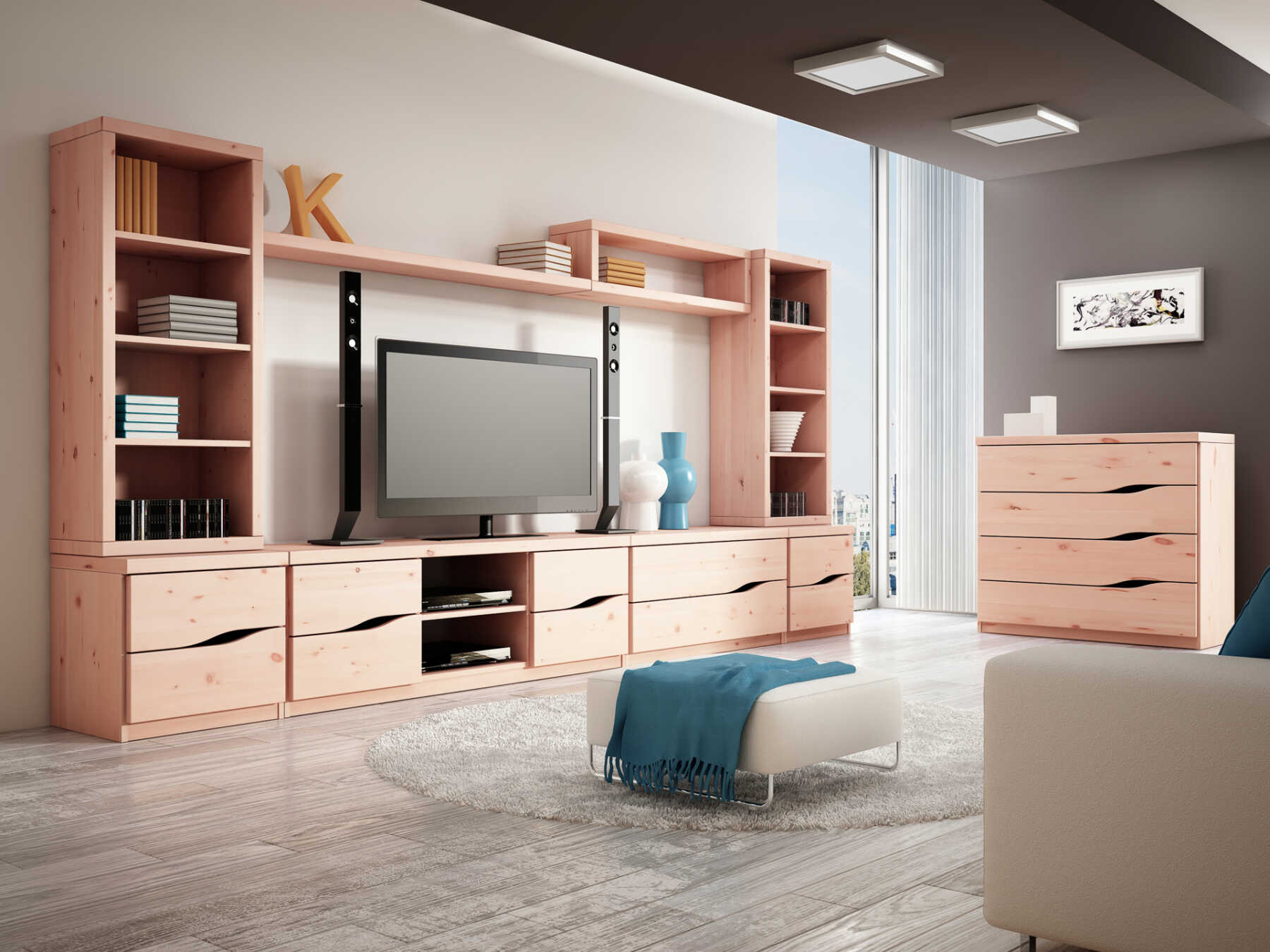 Wohnzimmer mit TV-Sideboard „Astrid“ aus Zirbe