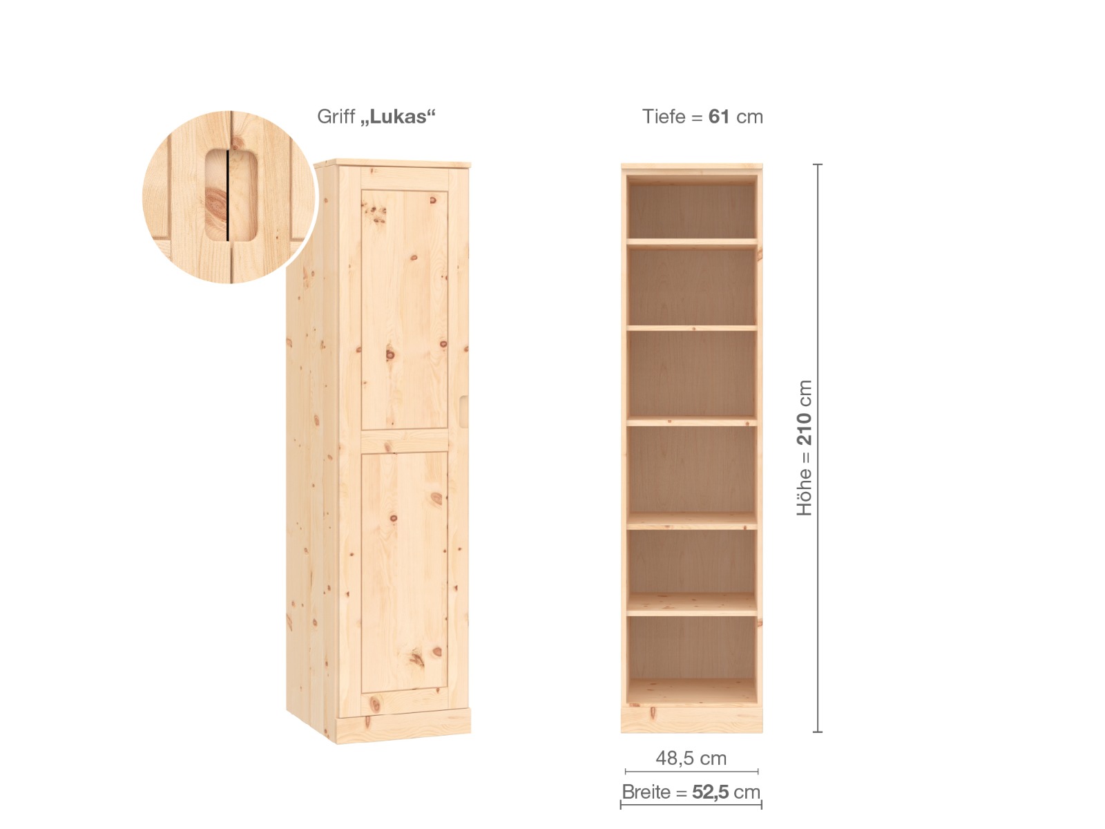 Zirbenschrank „Edelweiß“, 1-türig, Höhe 210 cm, Griffausführung „Lukas“, Inneneinrichtung B, Türanschlag links