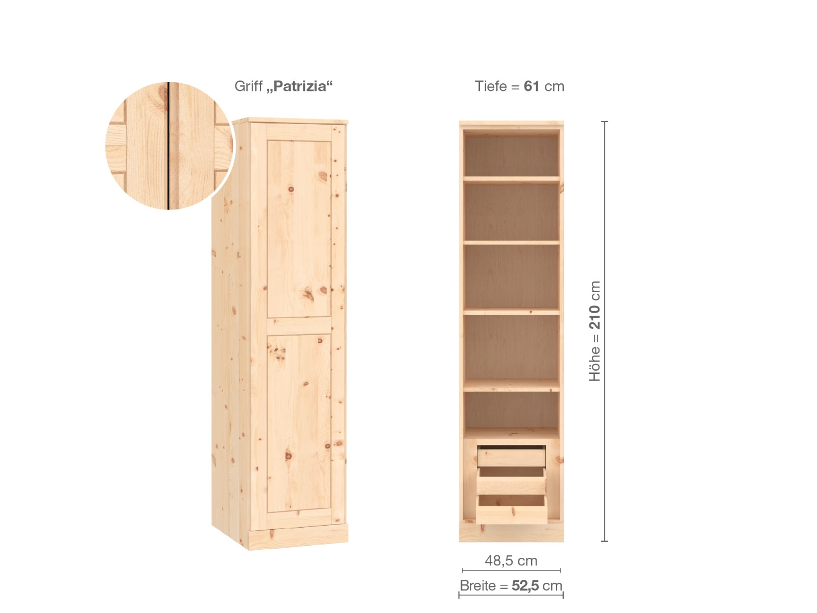 Zirbenschrank „Edelweiß“, 1-türig, Höhe 210 cm, Griffausführung „Patrizia“, Inneneinrichtung C, Türanschlag links