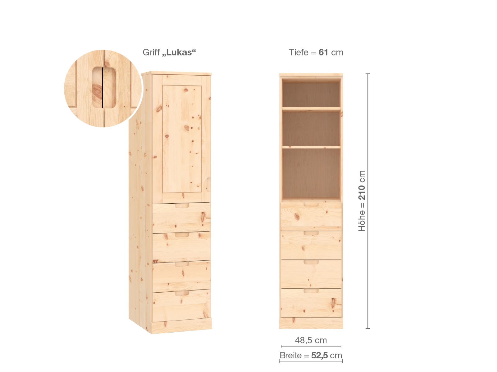 Zirbenschrank „Edelweiß“, 1-türig, Höhe 210 cm, Griffausführung „Lukas“, Inneneinrichtung D, Türanschlag links