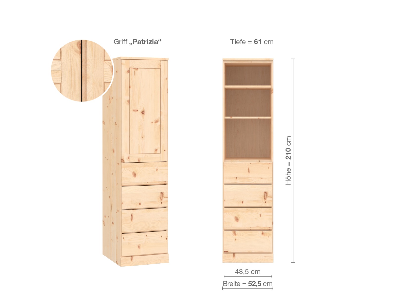 Zirbenschrank „Edelweiß“, 1-türig, Höhe 210 cm, Griffausführung „Patrizia“, Inneneinrichtung D, Türanschlag links