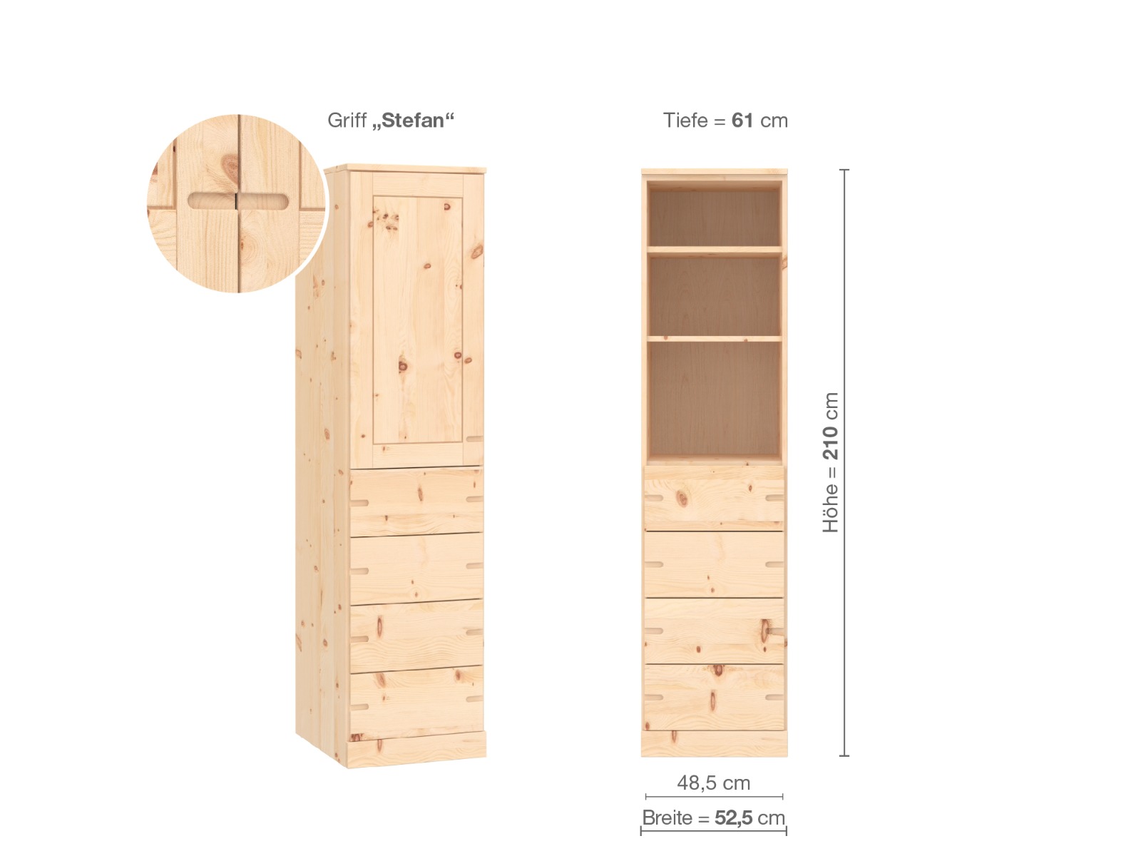 Zirbenschrank „Edelweiß“, 1-türig, Höhe 210 cm, Griffausführung „Stefan“, Inneneinrichtung D, Türanschlag links