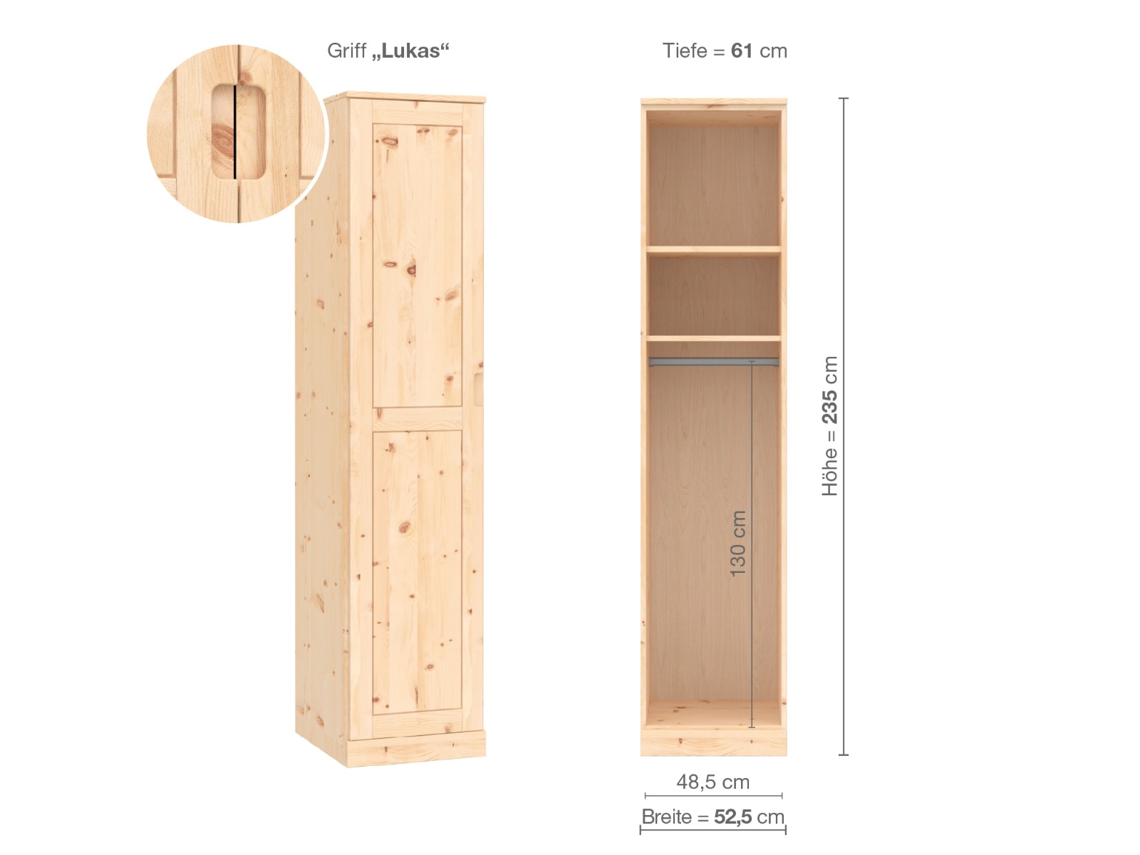 Zirbenschrank „Edelweiß“, 1-türig, Höhe 235 cm, Griffausführung „Lukas“, Inneneinrichtung A, Türanschlag links