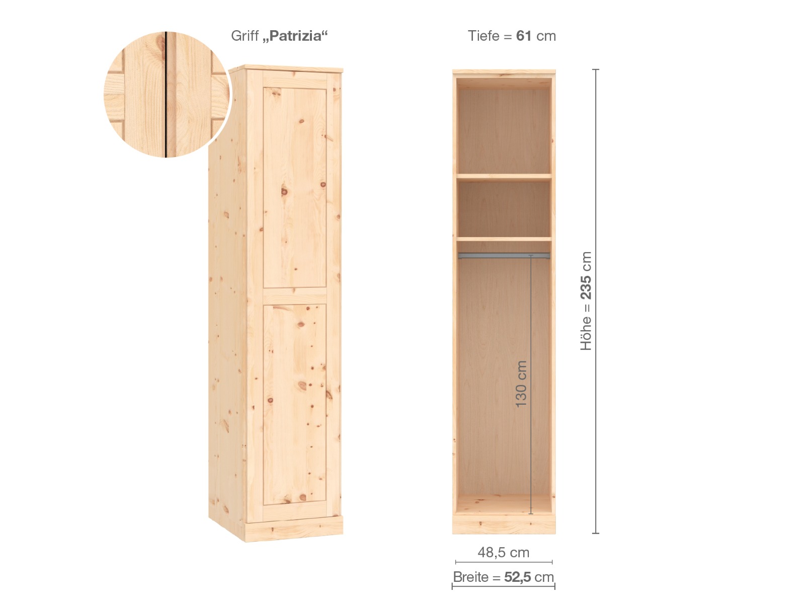 Zirbenschrank „Edelweiß“, 1-türig, Höhe 235 cm, Griffausführung „Patrizia“, Inneneinrichtung A, Türanschlag links