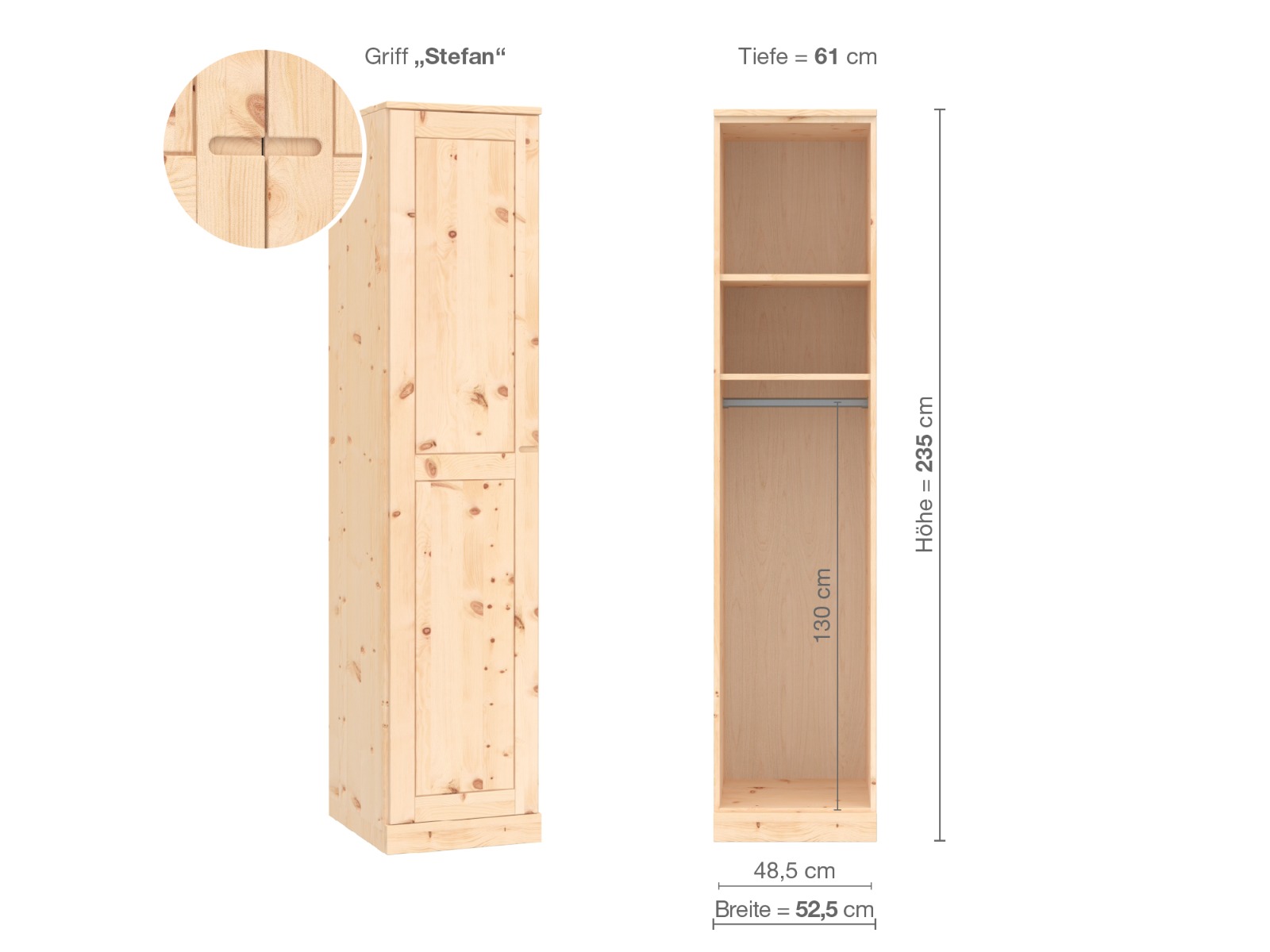 Zirbenschrank „Edelweiß“, 1-türig, Höhe 235 cm, Griffausführung „Stefan“, Inneneinrichtung A, Türanschlag links