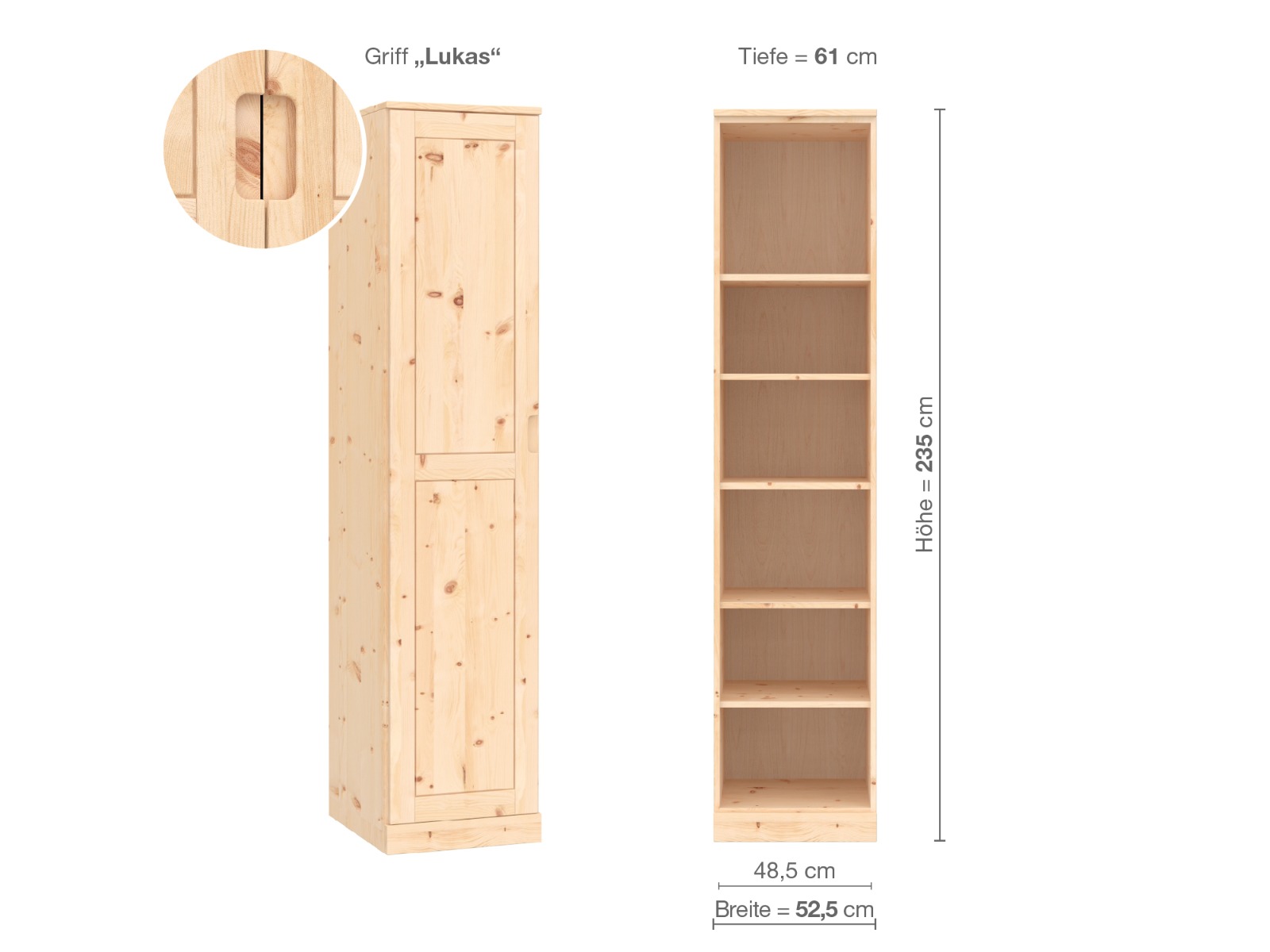 Zirbenschrank „Edelweiß“, 1-türig, Höhe 235 cm, Griffausführung „Lukas“, Inneneinrichtung B, Türanschlag links