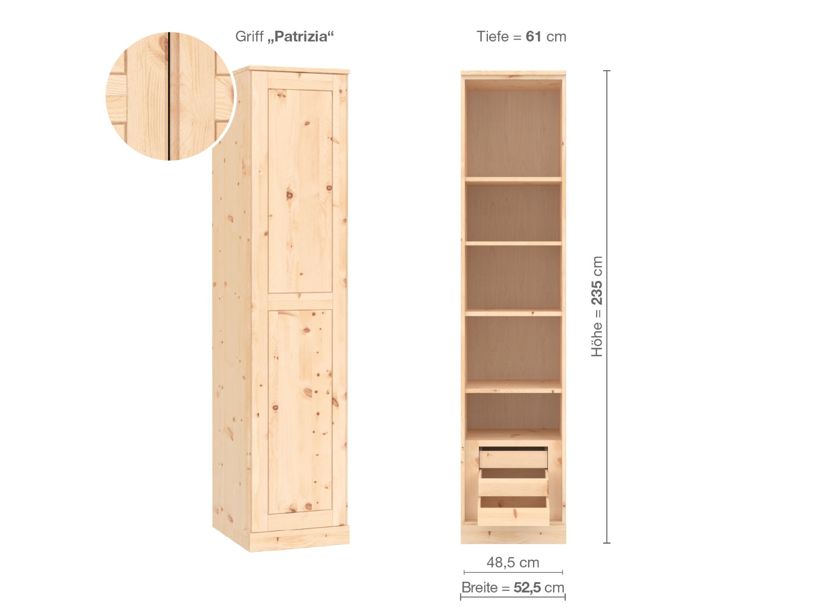 Zirbenschrank „Edelweiß“, 1-türig, Höhe 235 cm, Griffausführung „Patrizia“, Inneneinrichtung C, Türanschlag links