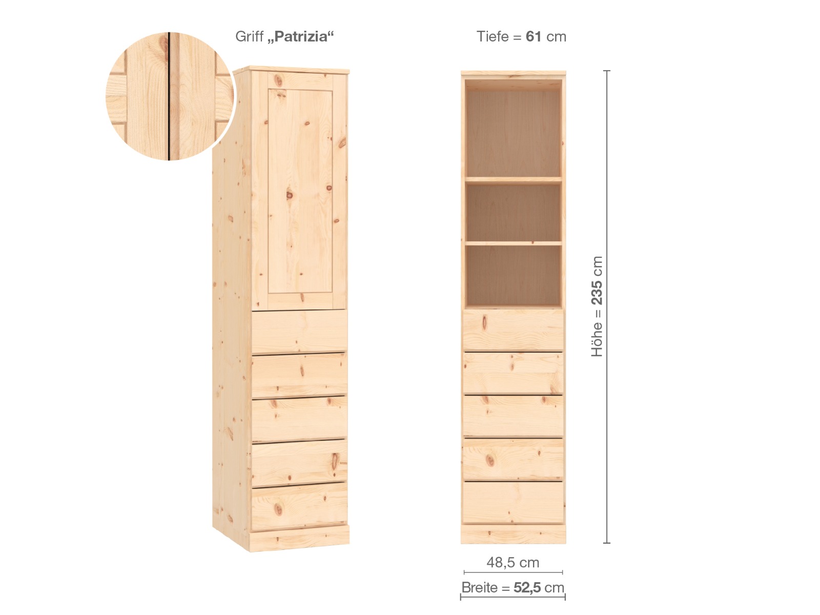 Zirbenschrank „Edelweiß“, 1-türig, Höhe 235 cm, Griffausführung „Patrizia“, Inneneinrichtung D, Türanschlag links