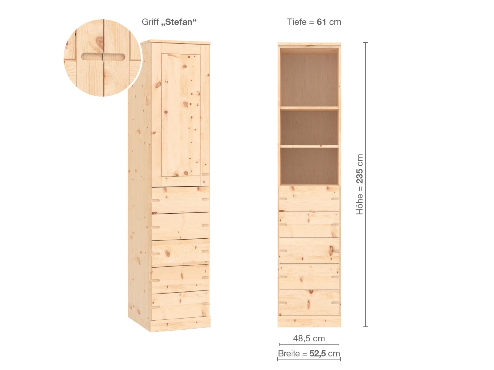 Zirbenschrank „Edelweiß“, 1-türig, Höhe 235 cm, Griffausführung „Stefan“, Inneneinrichtung D, Türanschlag links