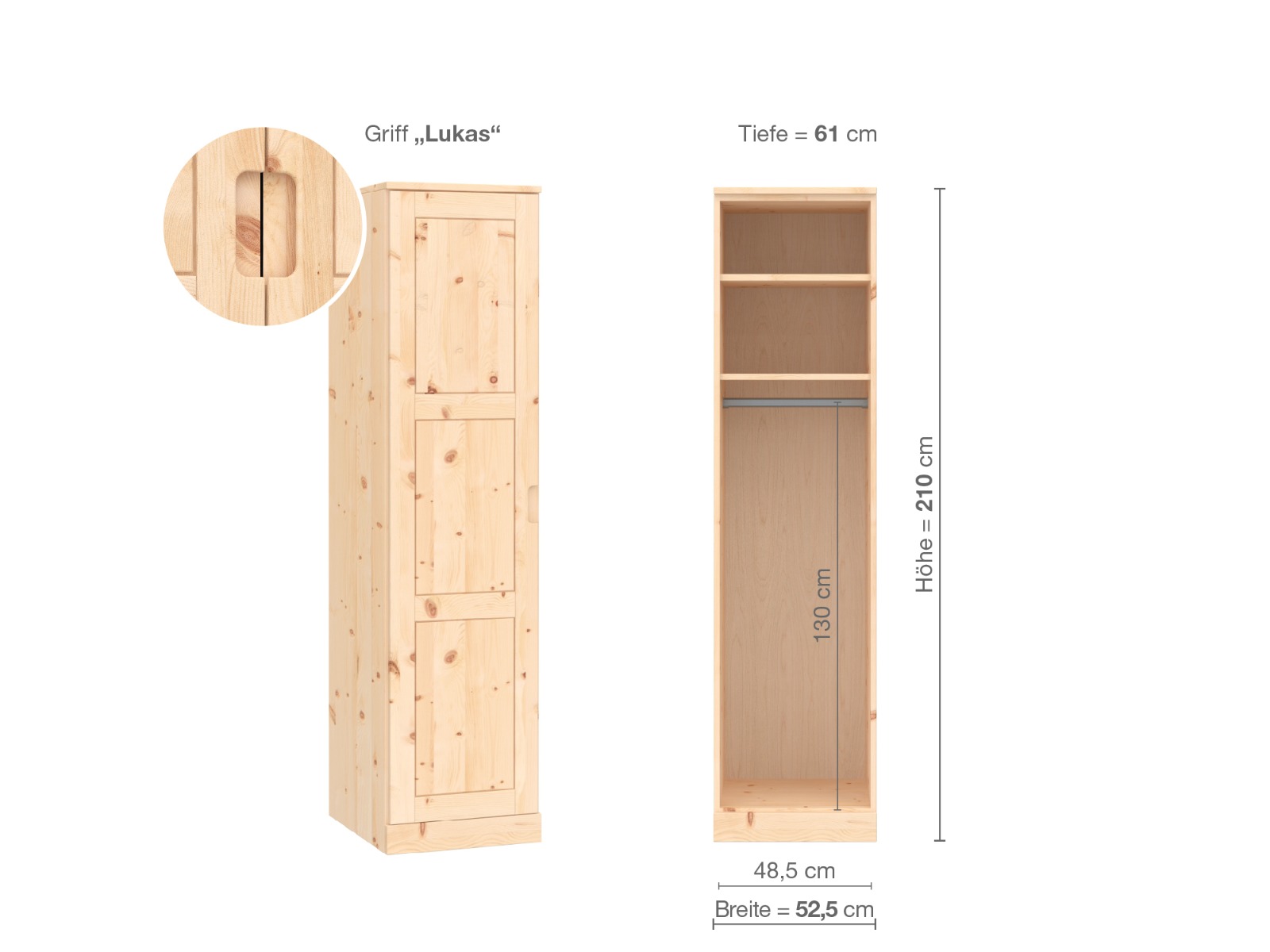 Zirbenschrank „Enzian“, 1-türig, Höhe 210 cm, Griffausführung „Lukas“, Inneneinrichtung A, Türanschlag links
