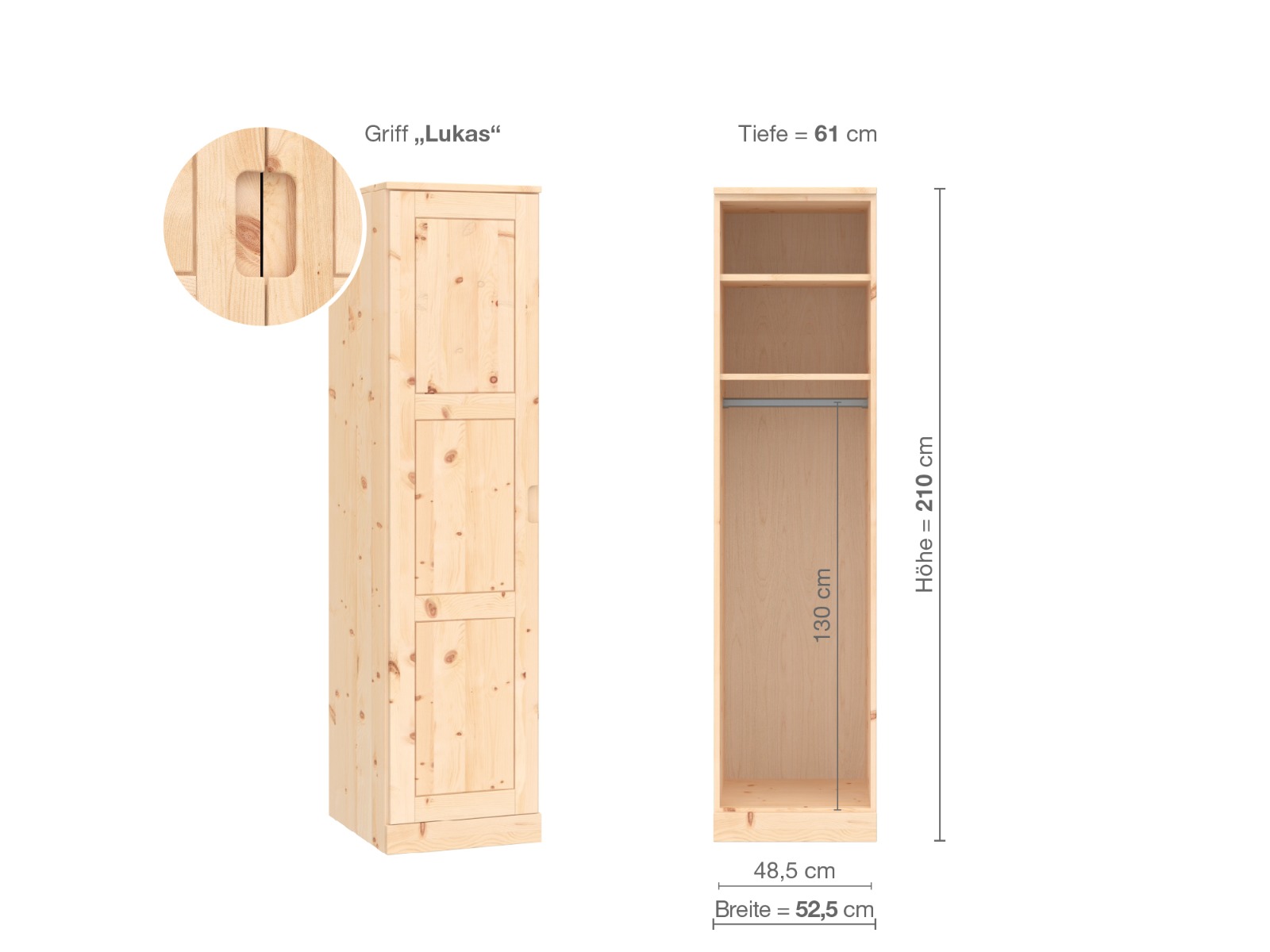 Zirbenschrank „Enzian“, 1-türig, Höhe 210 cm, Griffausführung „Lukas“, Inneneinrichtung A, Türanschlag links
