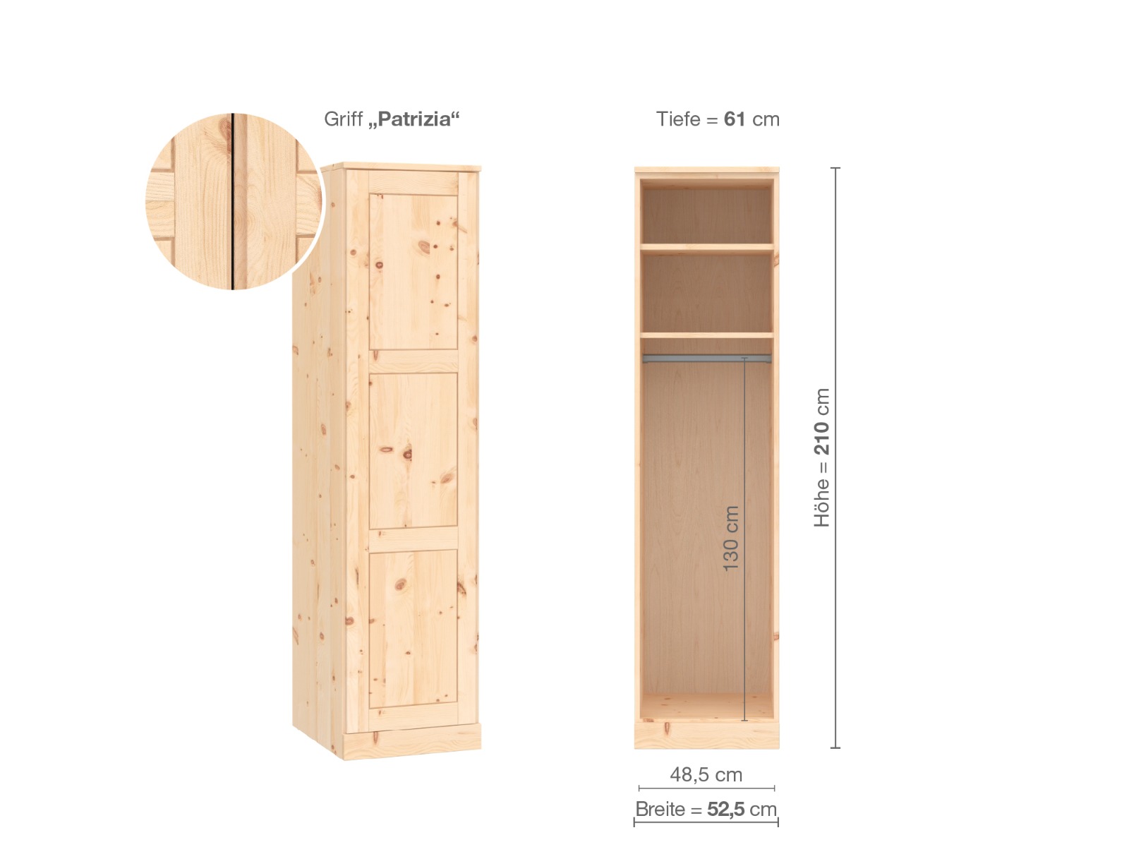 Zirbenschrank „Enzian“, 1-türig, Höhe 210 cm, Griffausführung „Patrizia“, Inneneinrichtung A, Türanschlag links