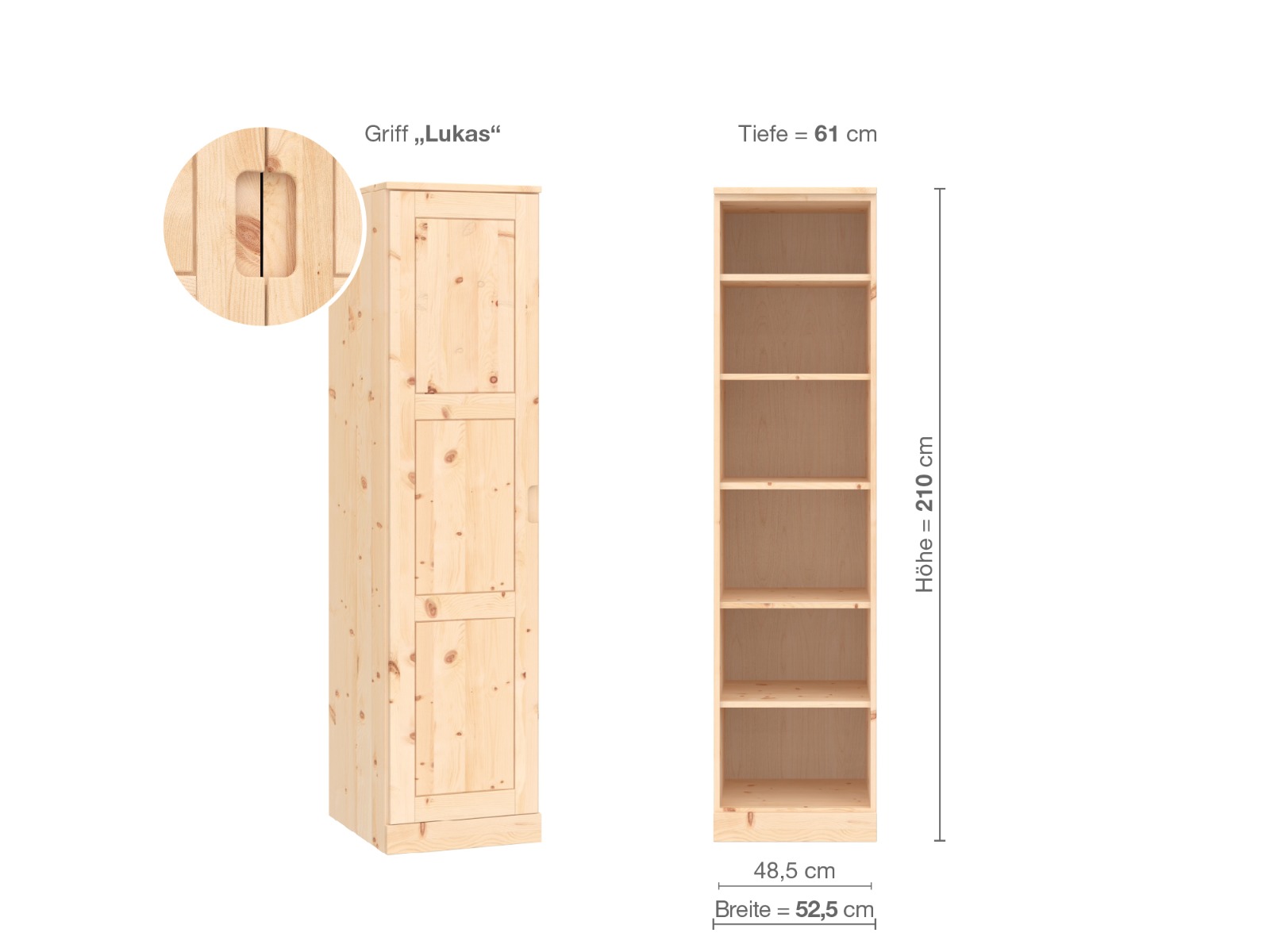 Zirbenschrank „Enzian“, 1-türig, Höhe 210 cm, Griffausführung „Lukas“, Inneneinrichtung B, Türanschlag links