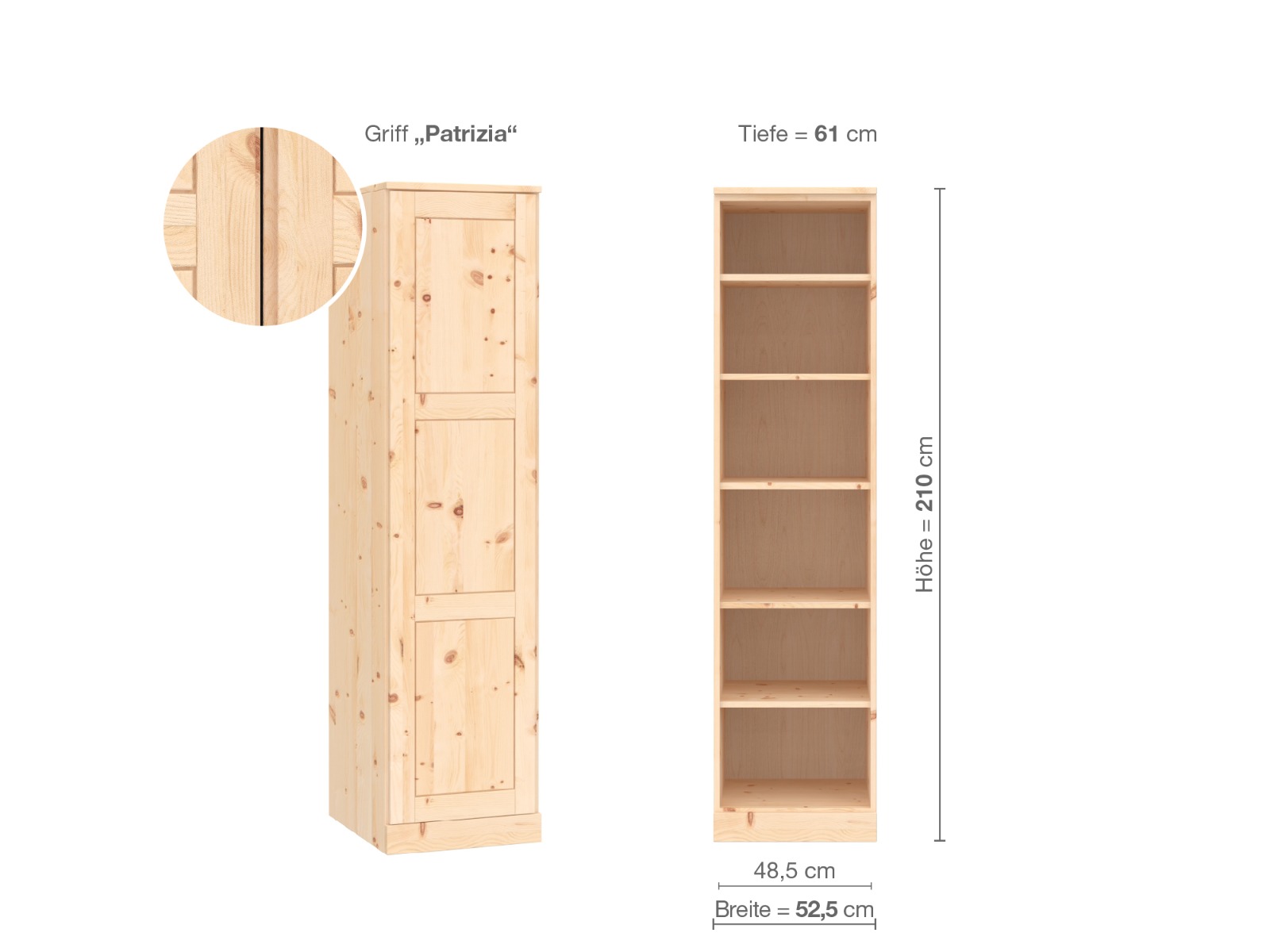 Zirbenschrank „Enzian“, 1-türig, Höhe 210 cm, Griffausführung „Patrizia“, Inneneinrichtung B, Türanschlag links