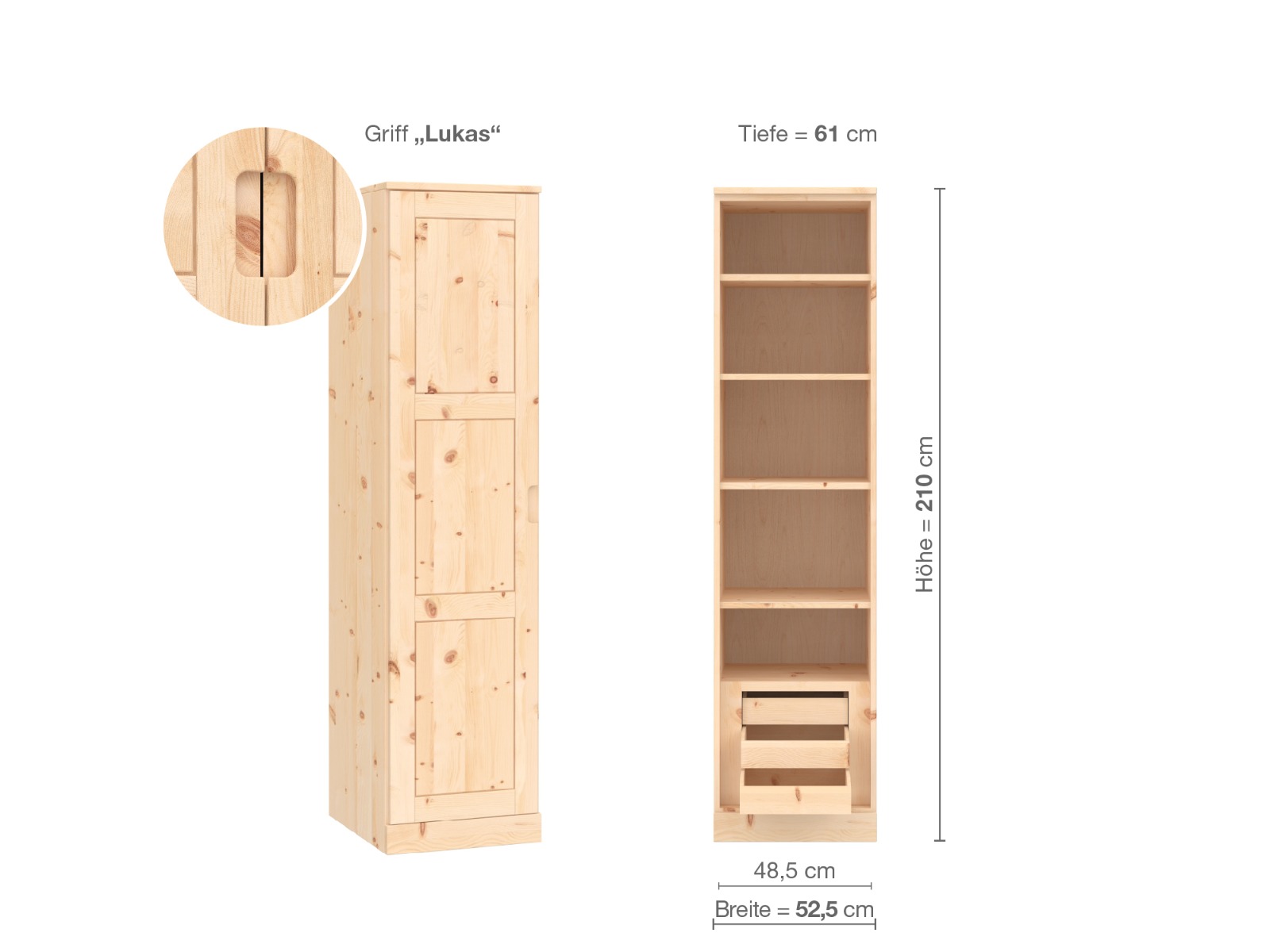 Zirbenschrank „Enzian“, 1-türig, Höhe 210 cm, Griffausführung „Lukas“, Inneneinrichtung C, Türanschlag links