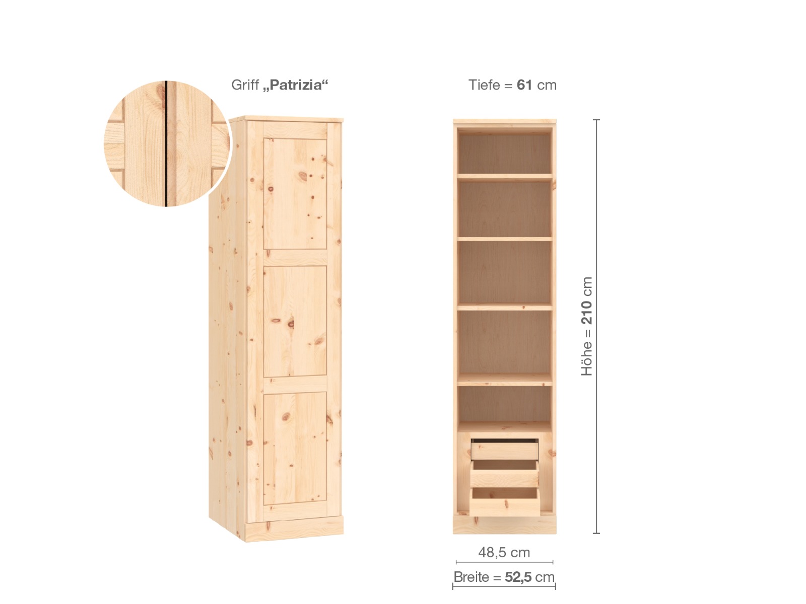 Zirbenschrank „Enzian“, 1-türig, Höhe 210 cm, Griffausführung „Patrizia“, Inneneinrichtung C, Türanschlag links