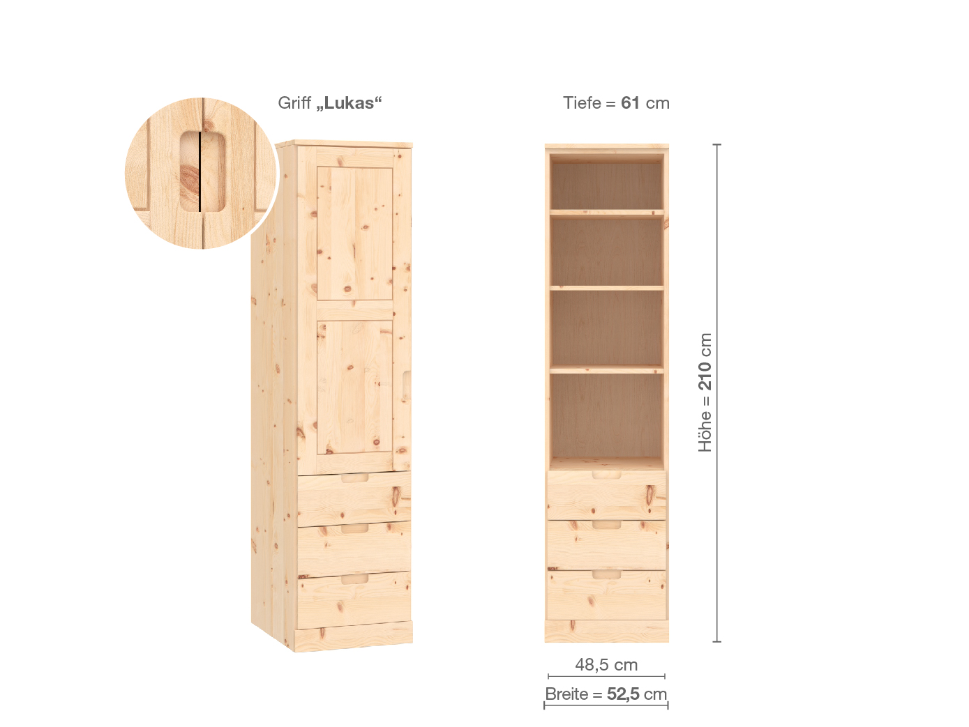 Zirbenschrank „Enzian“, 1-türig, Höhe 210 cm, Griffausführung „Lukas“, Inneneinrichtung D, Türanschlag links