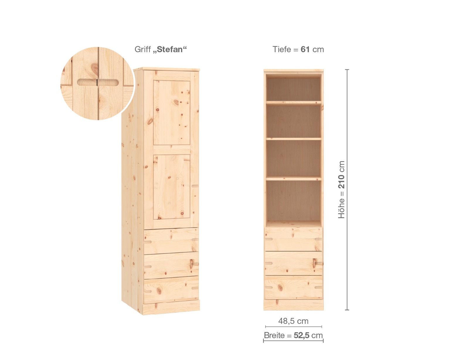 Zirbenschrank „Enzian“, 1-türig, Höhe 210 cm, Griffausführung „Stefan“, Inneneinrichtung D, Türanschlag links