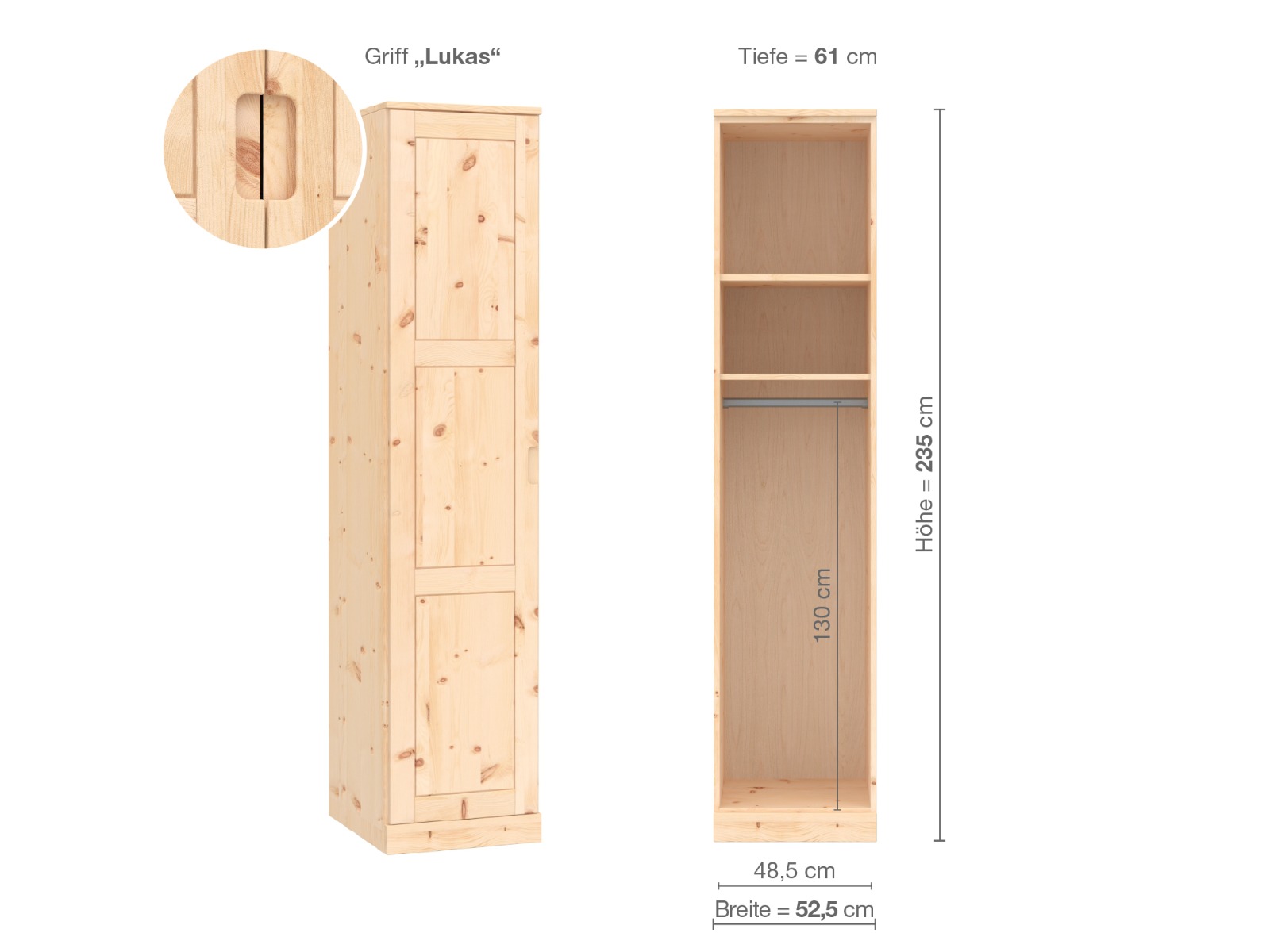 Zirbenschrank „Enzian“, 1-türig, Höhe 235 cm, Griffausführung „Lukas“, Inneneinrichtung A, Türanschlag links