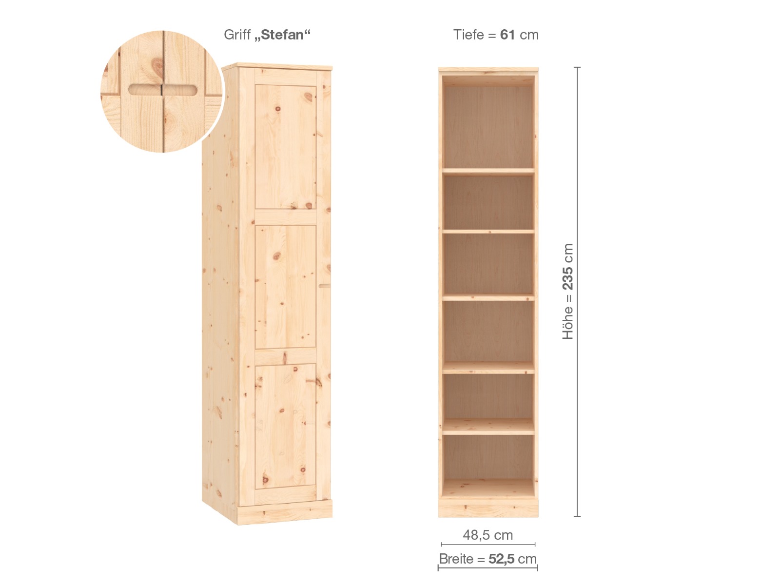 Zirbenschrank „Enzian“, 1-türig, Höhe 235 cm, Griffausführung „Stefan“, Inneneinrichtung B, Türanschlag links