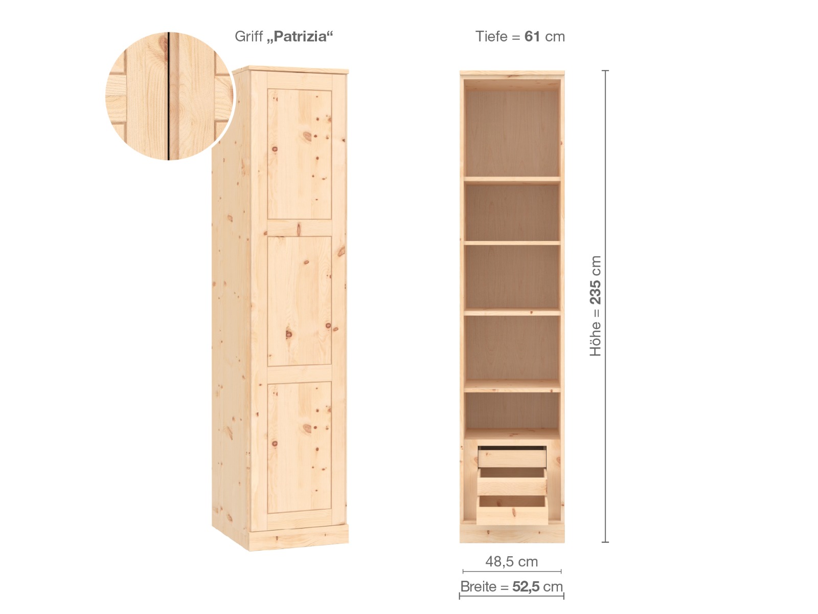 Zirbenschrank „Enzian“, 1-türig, Höhe 235 cm, Griffausführung „Patrizia“, Inneneinrichtung C, Türanschlag links