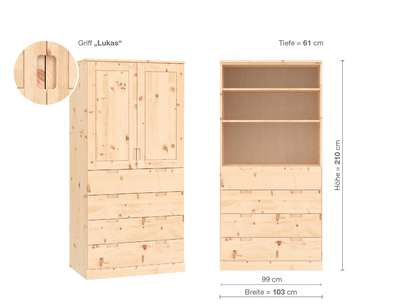 Zirbenschrank „Edelweiß“, 2-türig, Höhe 210 cm, Griffausführung „Lukas“, Inneneinrichtung E