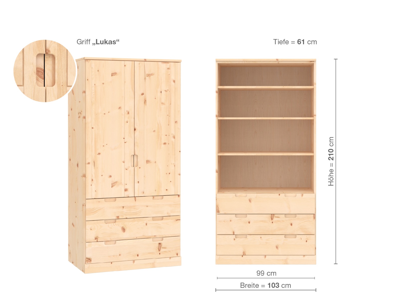 Zirbenschrank „Arnika“, 2-türig, Höhe 210 cm, Griffausführung „Lukas“, Inneneinrichtung E