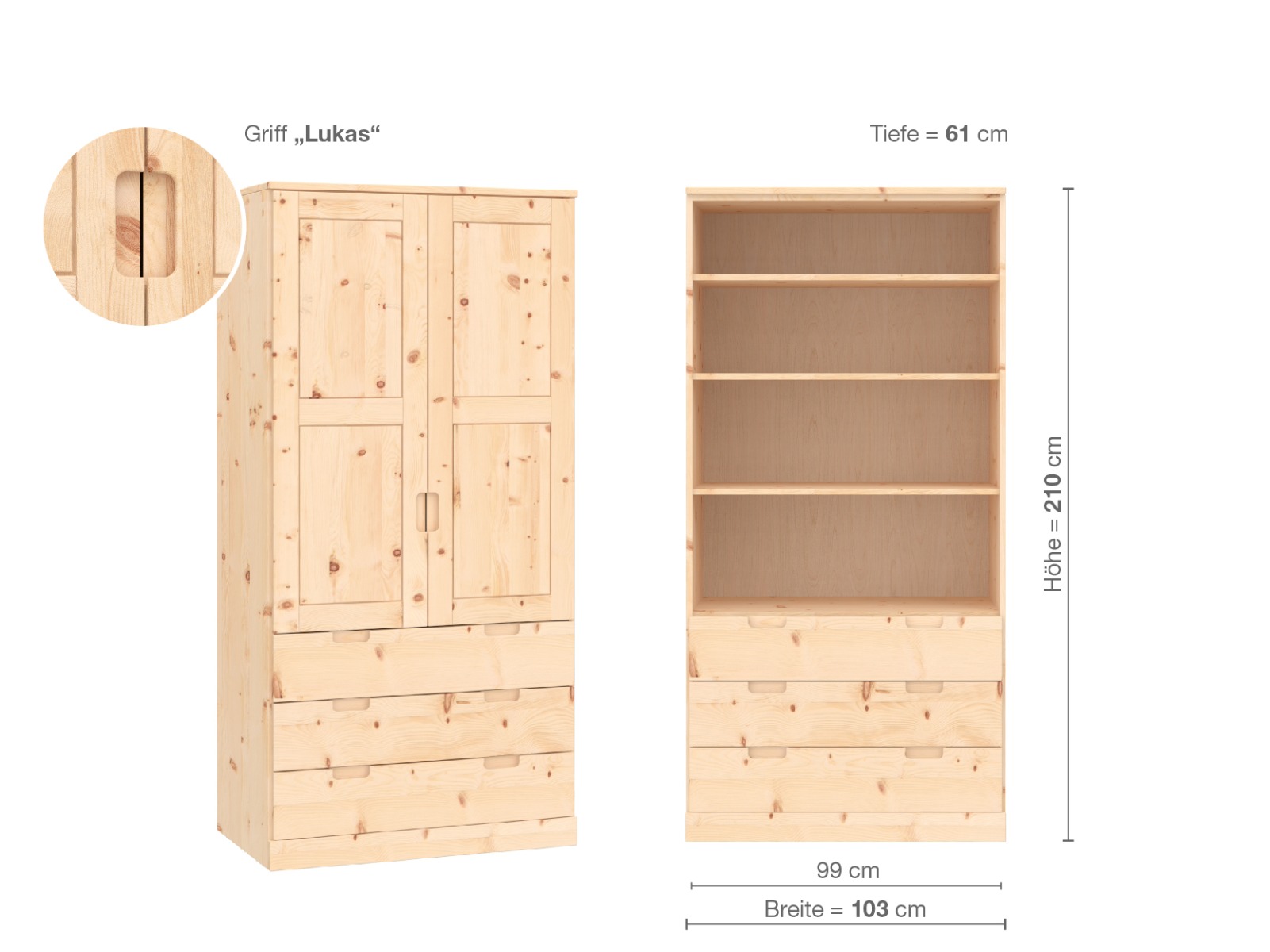 Zirbenschrank „Enzian“, 2-türig, Höhe 210 cm, Griffausführung „Lukas“, Inneneinrichtung E