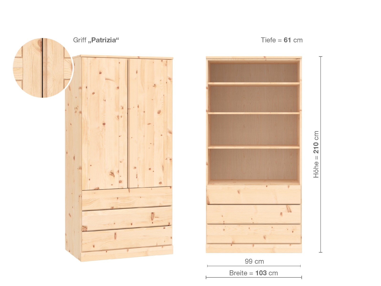 Zirbenschrank „Arnika“, 2-türig, Höhe 210 cm, Griffausführung „Patrizia“, Inneneinrichtung E