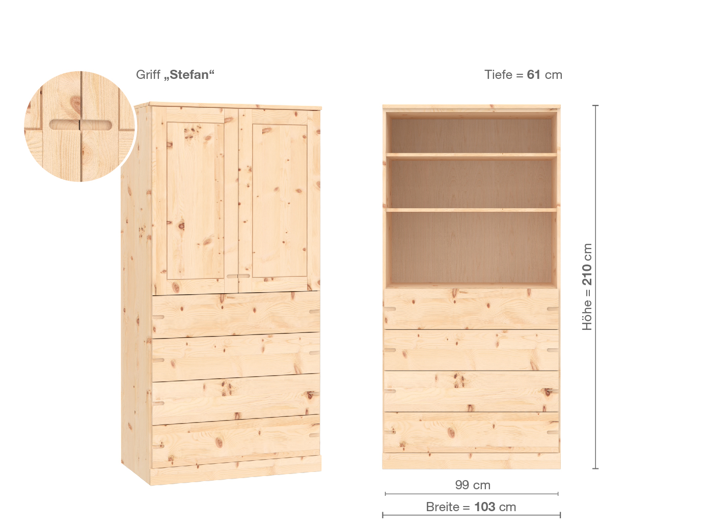 Zirbenschrank „Edelweiß“, 2-türig, Höhe 210 cm, Griffausführung „Stefan“, Inneneinrichtung E