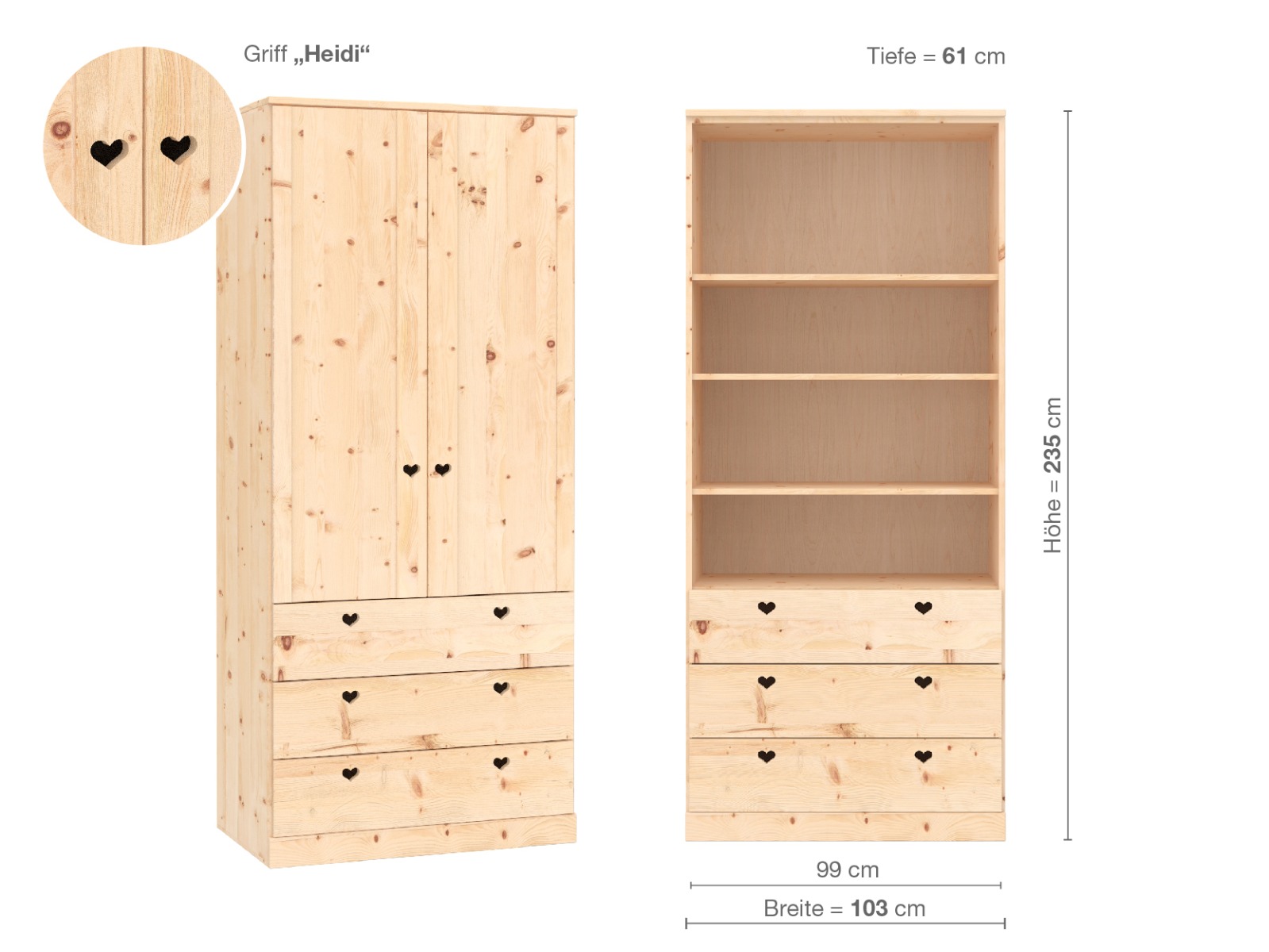 Zirbenschrank „Arnika“, 2-türig, Höhe 235 cm, Griffausführung „Heidi“, Inneneinrichtung E