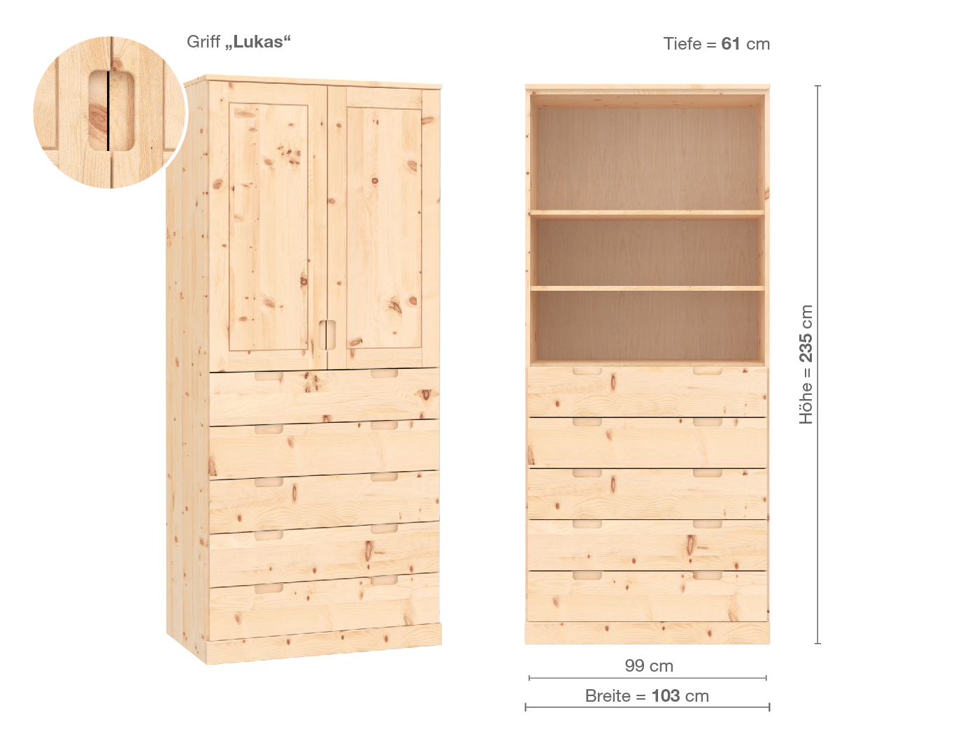 Zirbenschrank „Edelweiß“, 2-türig, Höhe 235 cm, Griffausführung „Lukas“, Inneneinrichtung E