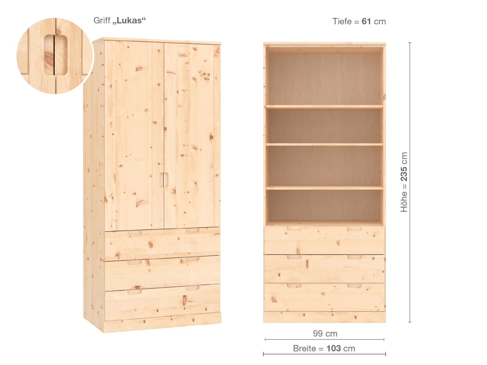 Zirbenschrank „Arnika“, 2-türig, Höhe 235 cm, Griffausführung „Lukas“, Inneneinrichtung E