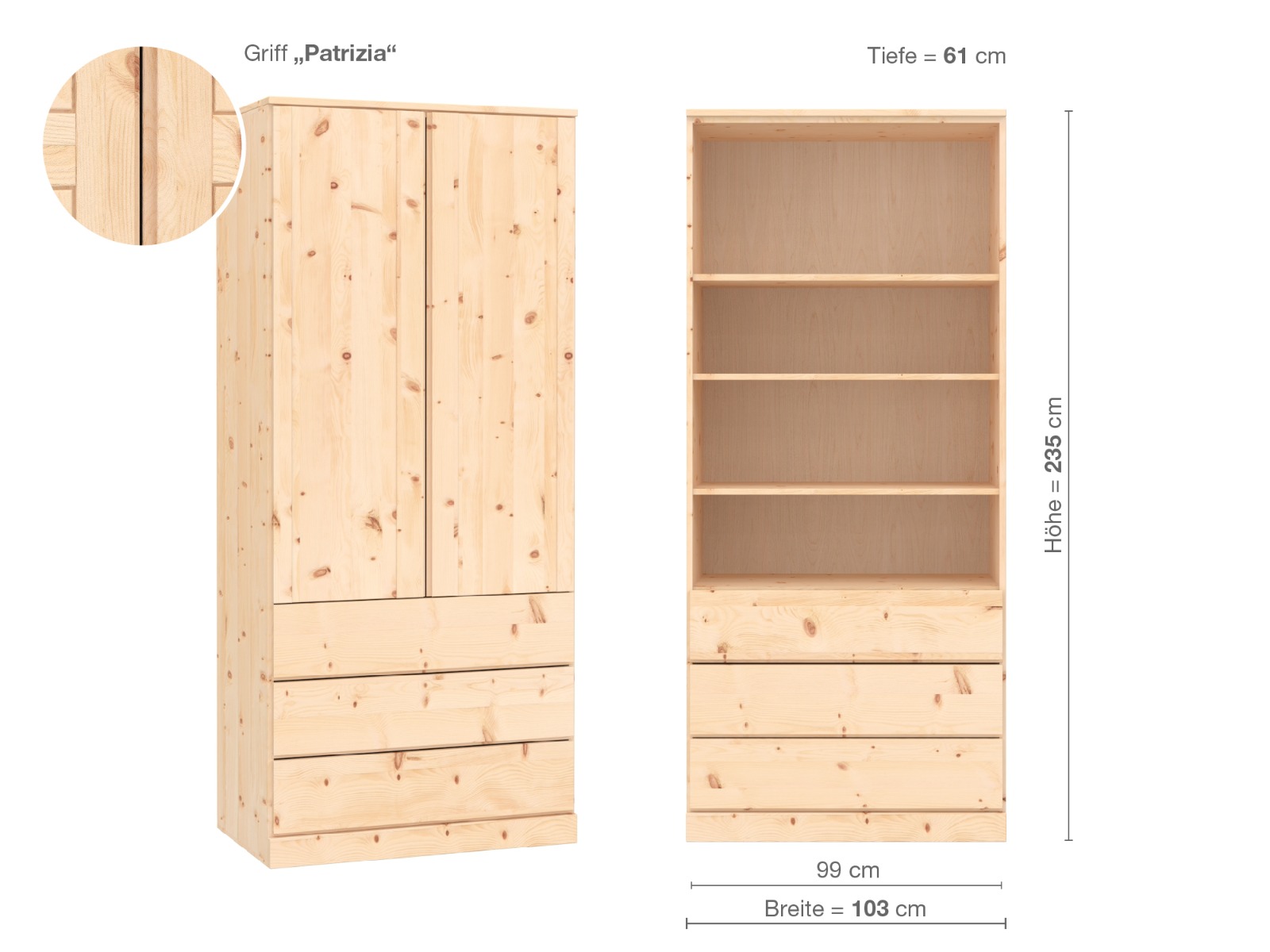 Zirbenschrank „Arnika“, 2-türig, Höhe 235 cm, Griffausführung „Patrizia“, Inneneinrichtung E