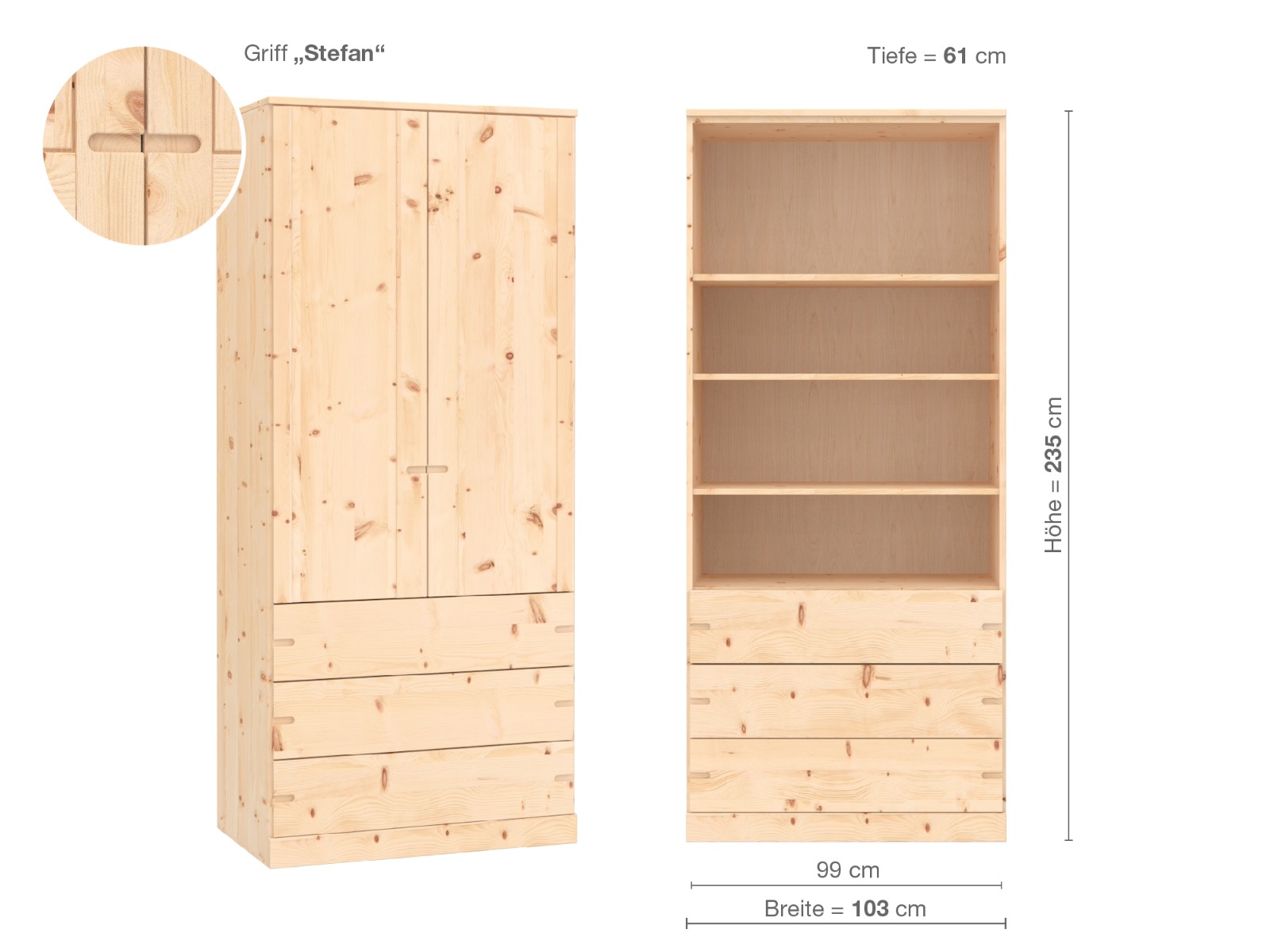 Zirbenschrank „Arnika“, 2-türig, Höhe 235 cm, Griffausführung „Stefan“, Inneneinrichtung E