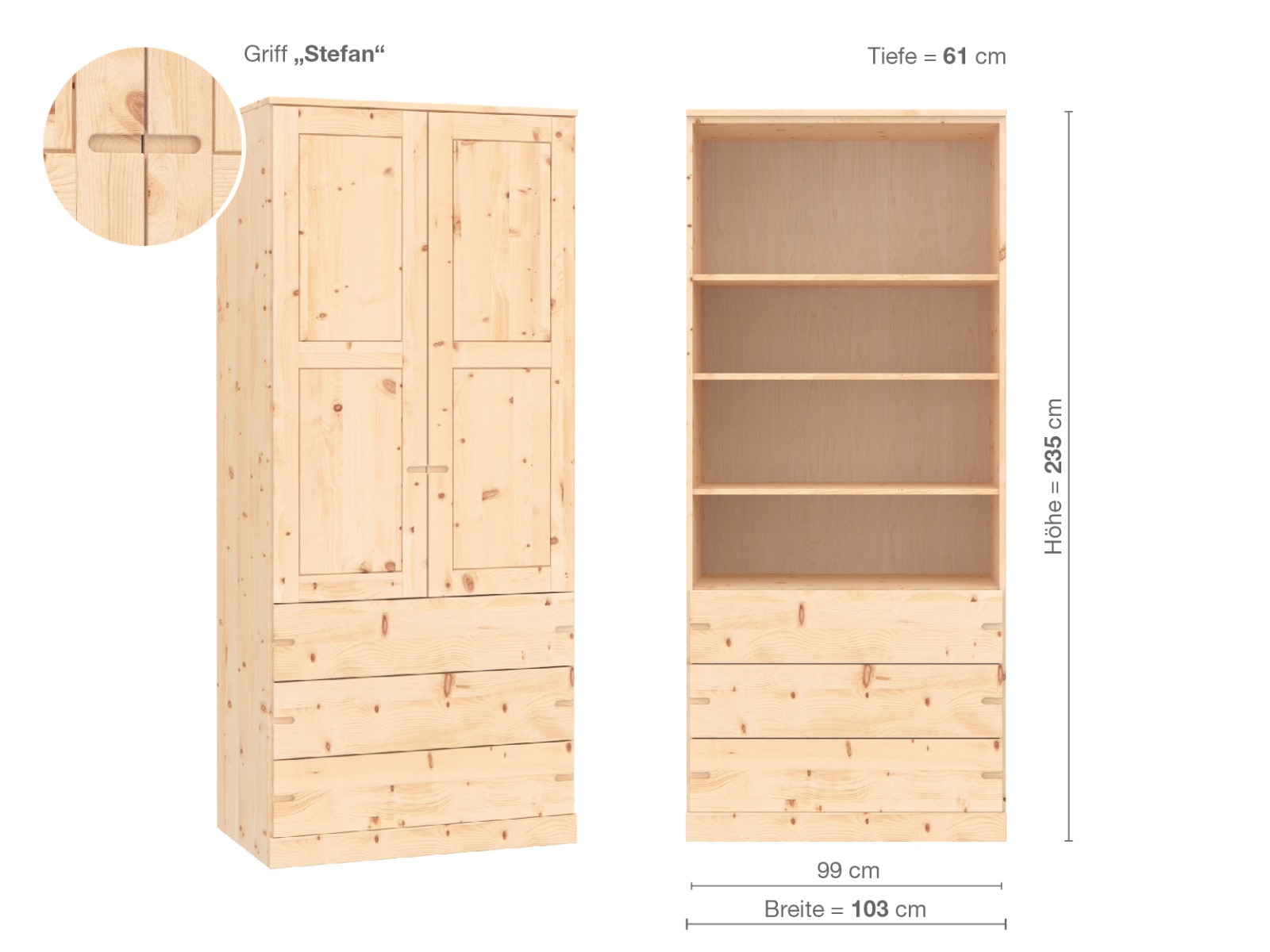 Zirbenschrank „Enzian“, 2-türig, Höhe 235 cm, Griffausführung „Stefan“, Inneneinrichtung E