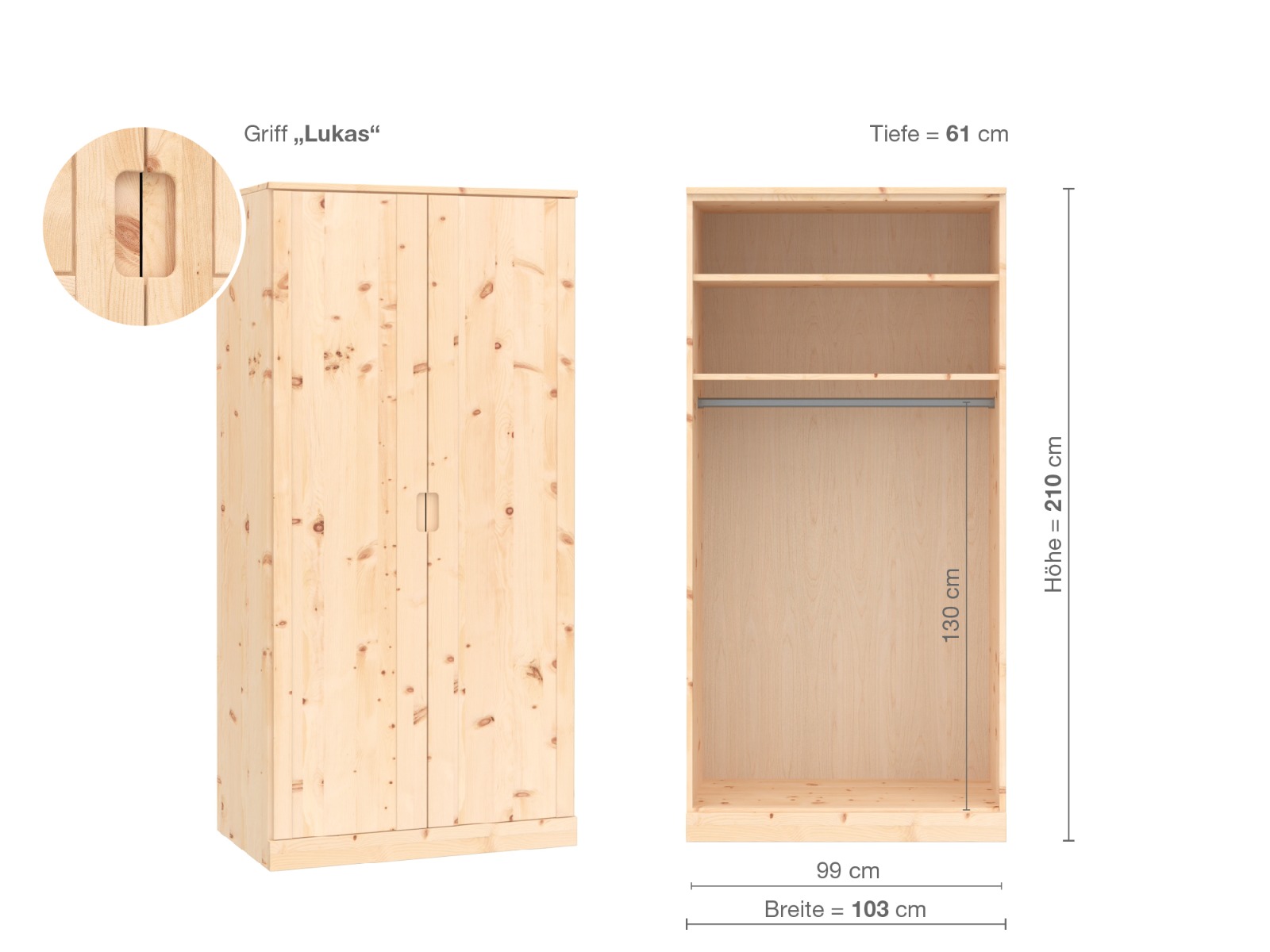 Zirbenschrank „Arnika“, 2-türig, Höhe 210 cm, Griffausführung „Lukas“, Inneneinrichtung A